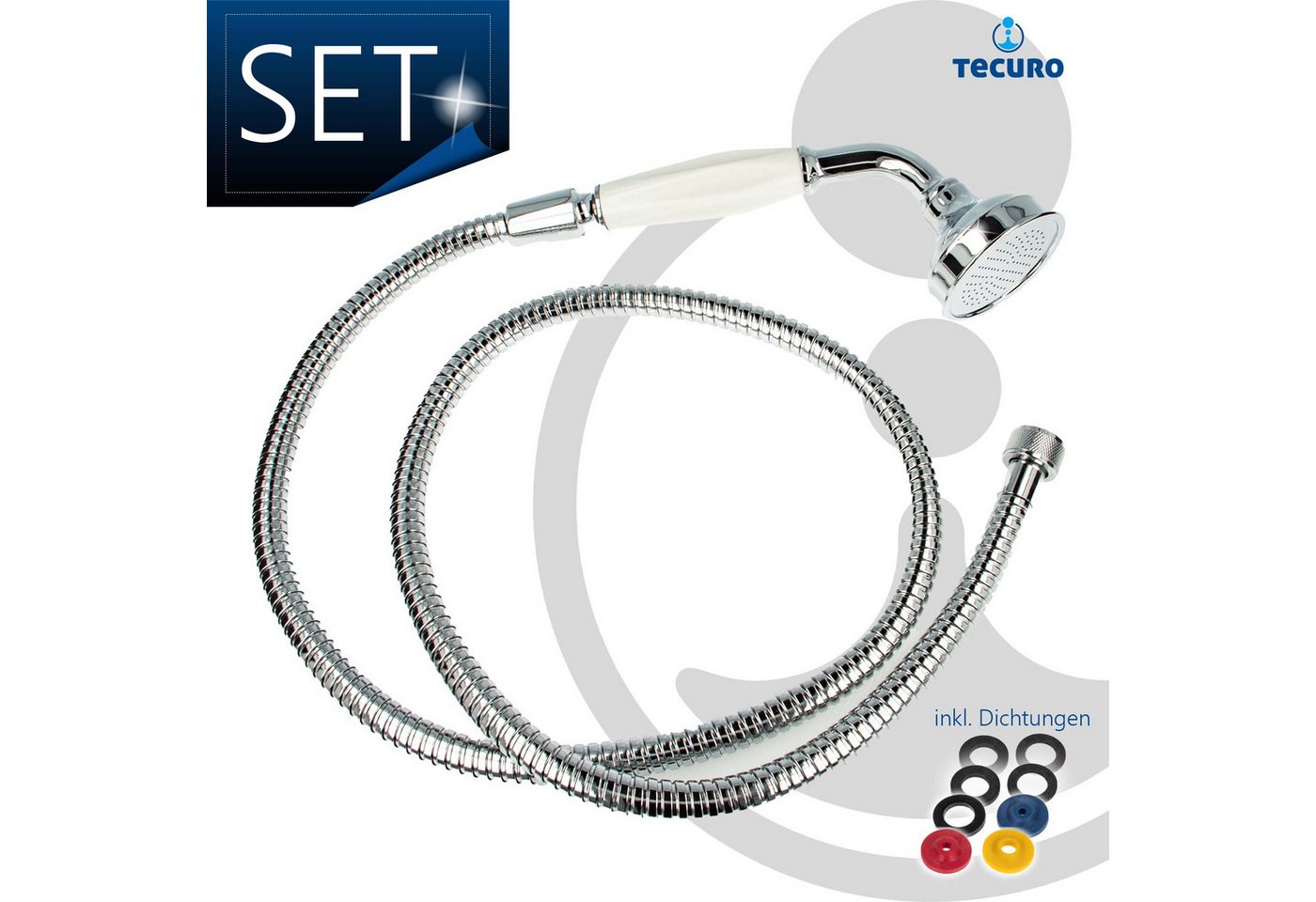tecuro Brausegarnitur Nostalgie - Handbrause Ø 65 mm, 1-strahlig, mit Metallbrauseschlauch