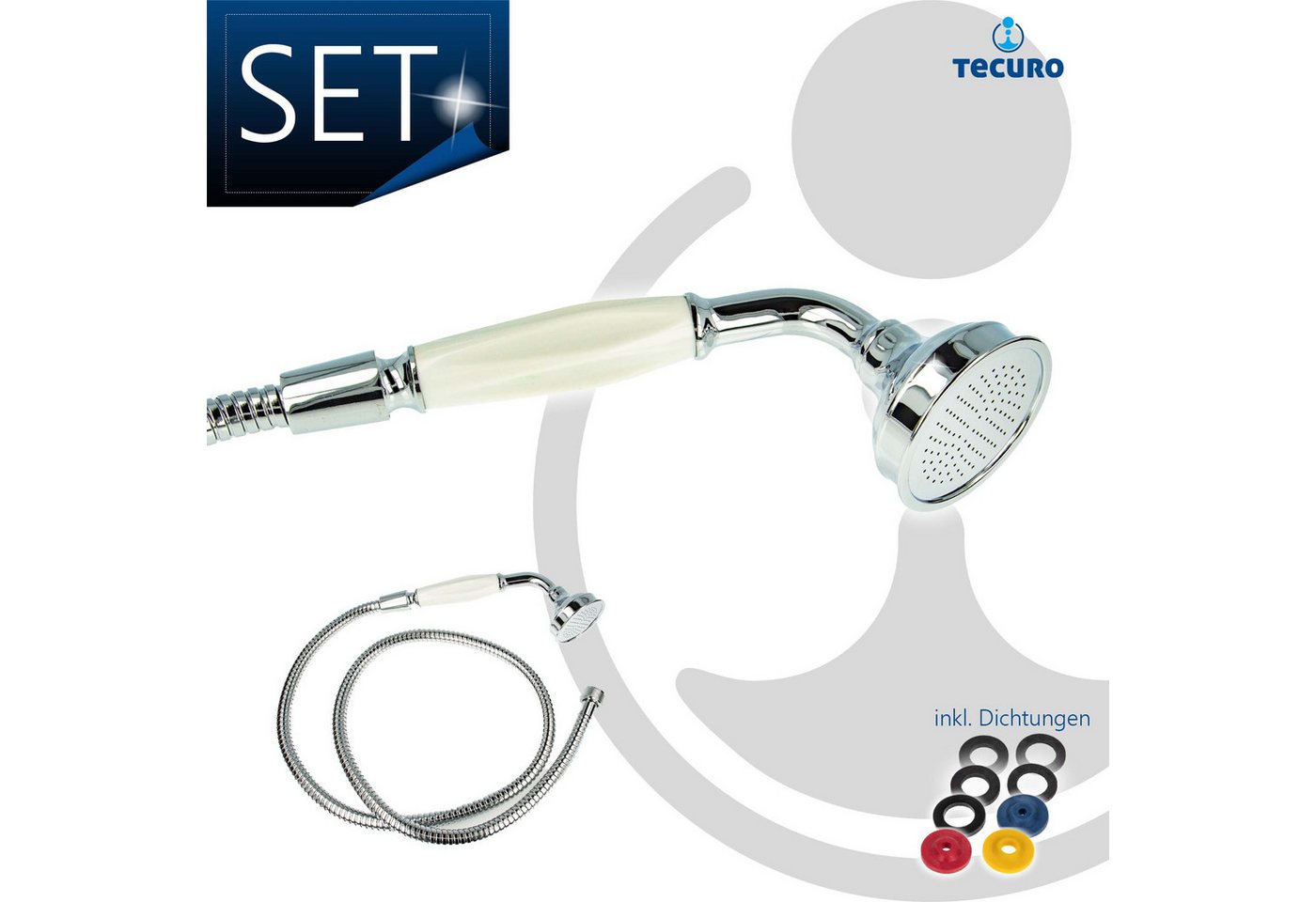 tecuro Brausegarnitur Nostalgie - Handbrause Ø 65 mm, 1-strahlig, mit Metallbrauseschlauch Bild 2