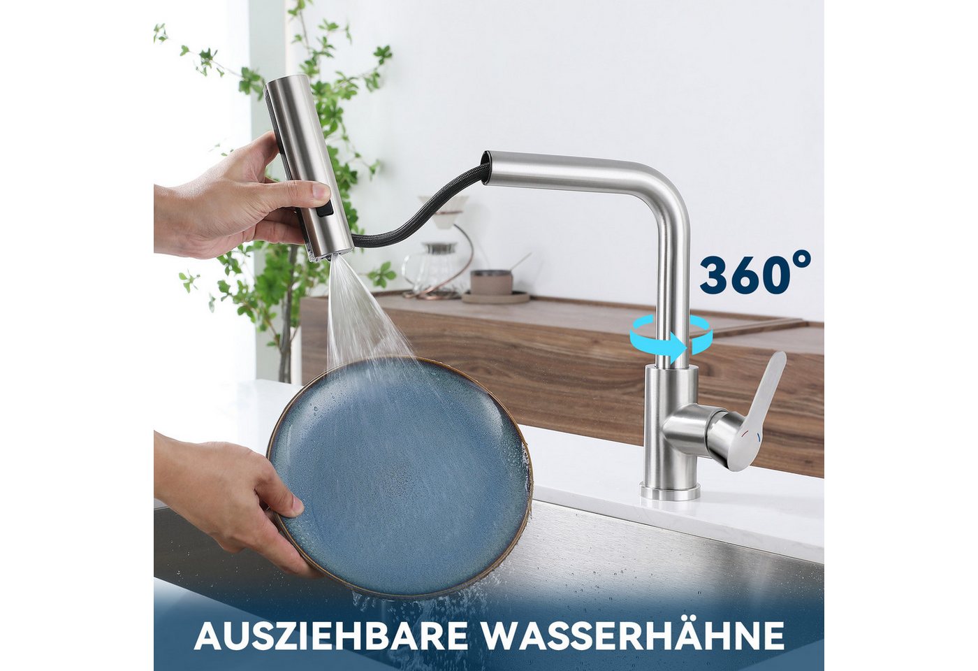 ZMH Küchenarmatur Ausziehbar - Mischbatterie Spültischarmatur 360° Drehbar Küche (Set, Küchenarmatur mit Brause) mit Brause Edelstahl 2 Strahlarten , ausziehbare Brause, Hochdruck Bild 2