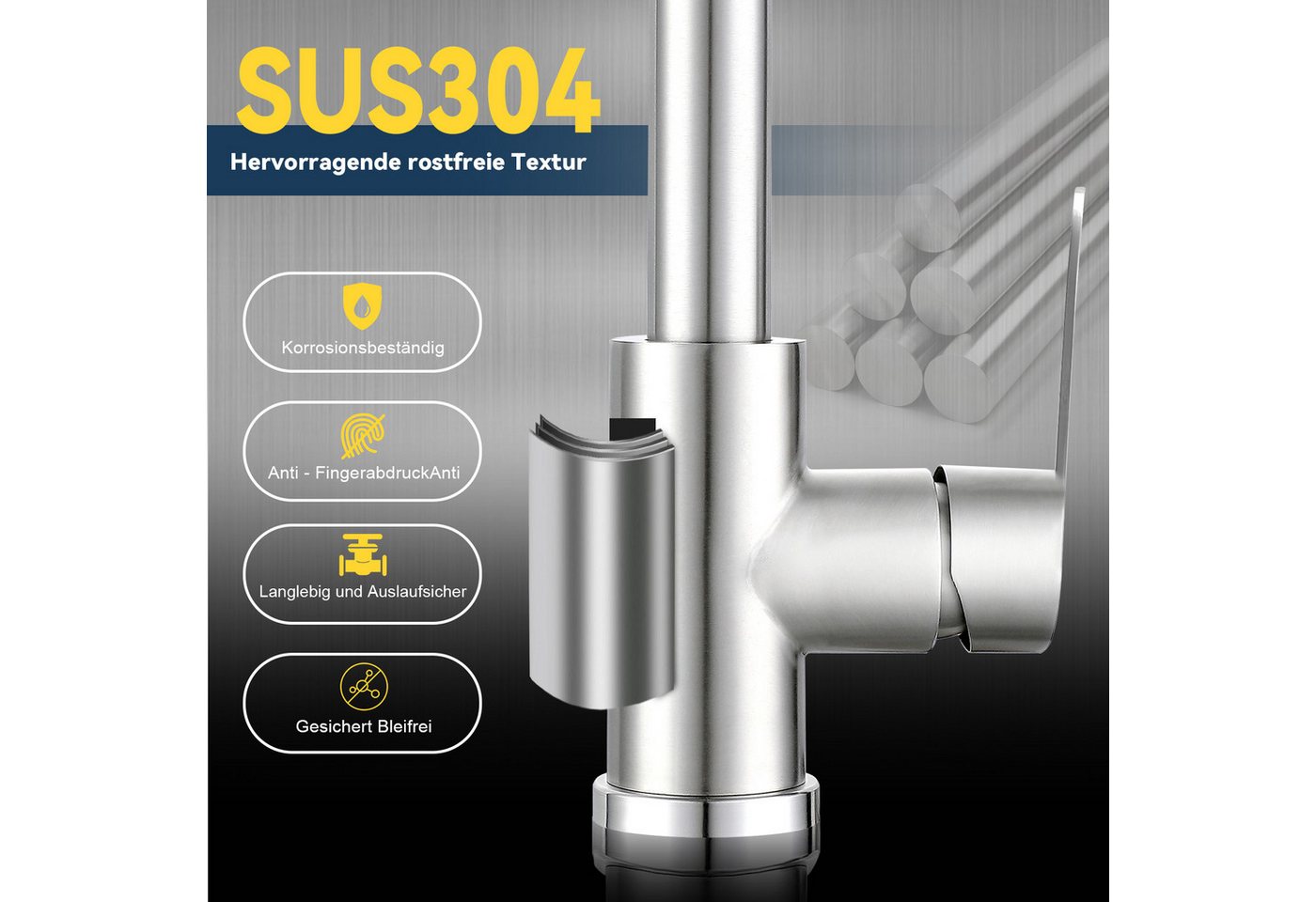 ZMH Küchenarmatur Ausziehbar - Mischbatterie Spültischarmatur 360° Drehbar Küche (Set, Küchenarmatur mit Brause) mit Brause Edelstahl 2 Strahlarten , ausziehbare Brause, Hochdruck Bild 3
