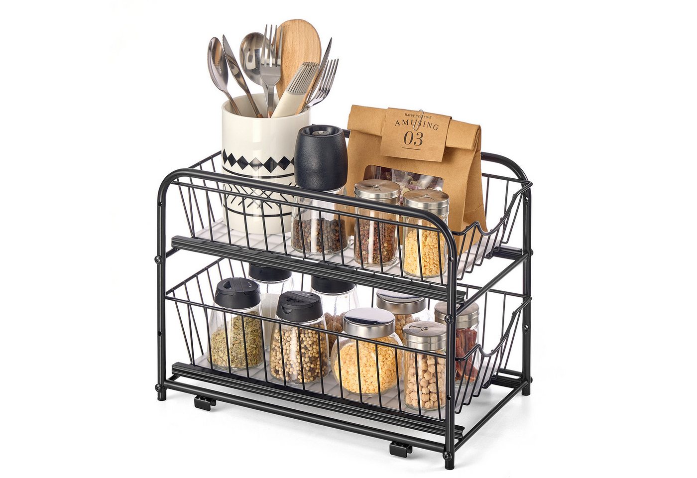 SONGMICS Gewürzregal Küchen-Organizer, 1-tlg., Küchenregal, Ordnungssystem, 2 Ebenen, stapelbar, erweiterbar