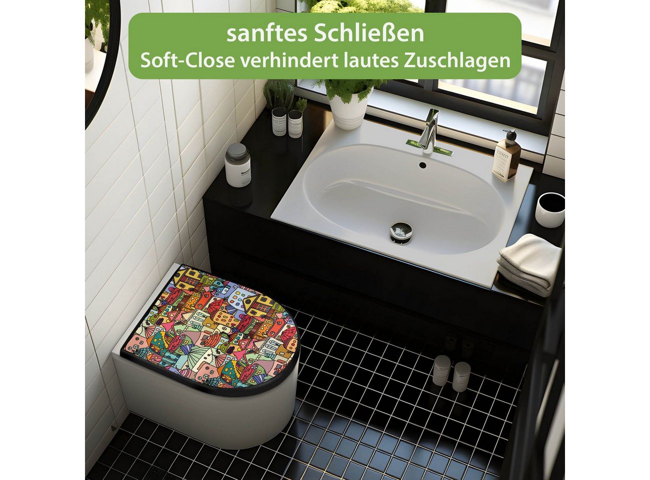 banjado WC-Sitz Premium D-Form mit Absenkautomatik Motiv Funky Town (umweltfreundliches Material, Softclose Absenkautomatik), 45 x 36,4 x 4