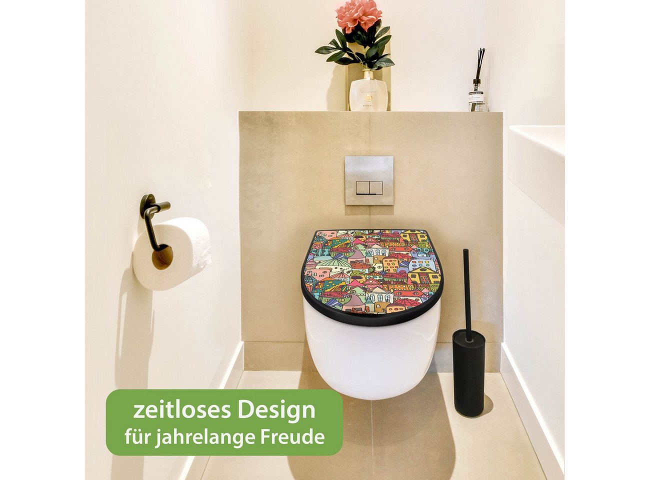 banjado WC-Sitz Premium D-Form mit Absenkautomatik Motiv Funky Town (umweltfreundliches Material, Softclose Absenkautomatik), 45 x 36,4 x 4 Bild 2