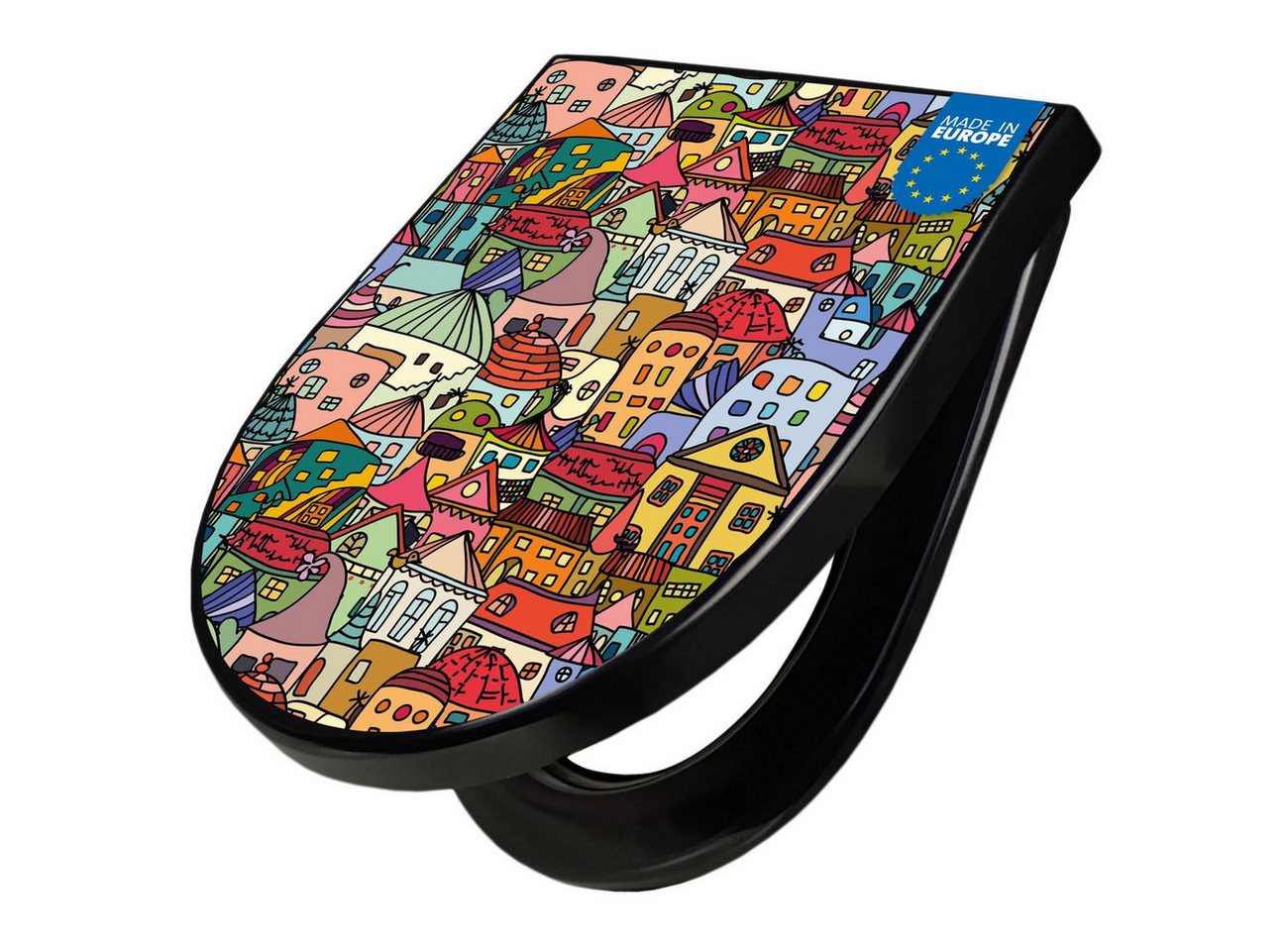 banjado WC-Sitz Premium D-Form mit Absenkautomatik Motiv Funky Town (umweltfreundliches Material, Softclose Absenkautomatik), 45 x 36,4 x 4 Bild 4