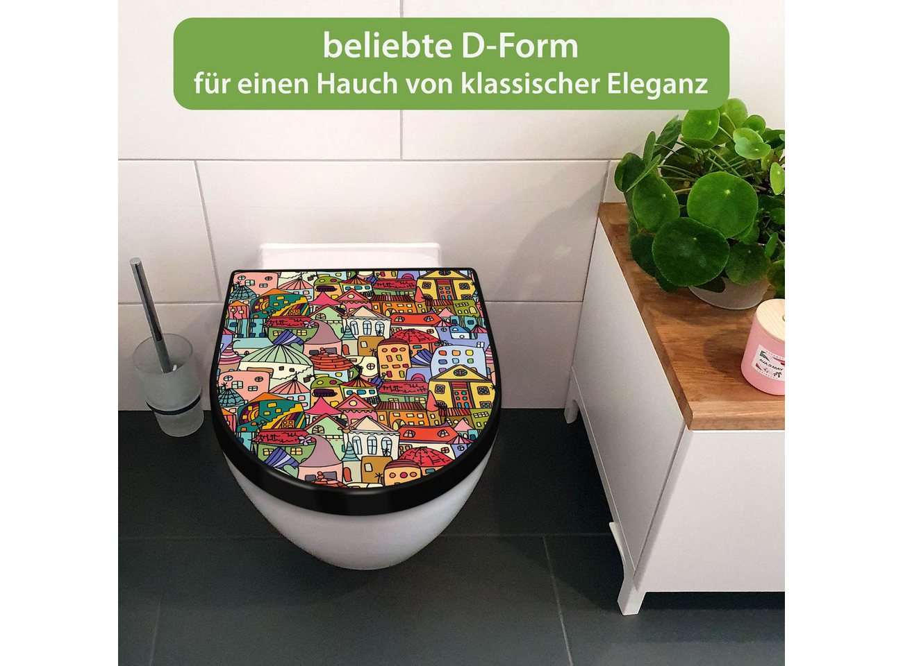 banjado WC-Sitz Premium D-Form mit Absenkautomatik Motiv Funky Town (umweltfreundliches Material, Softclose Absenkautomatik), 45 x 36,4 x 4 Bild 5