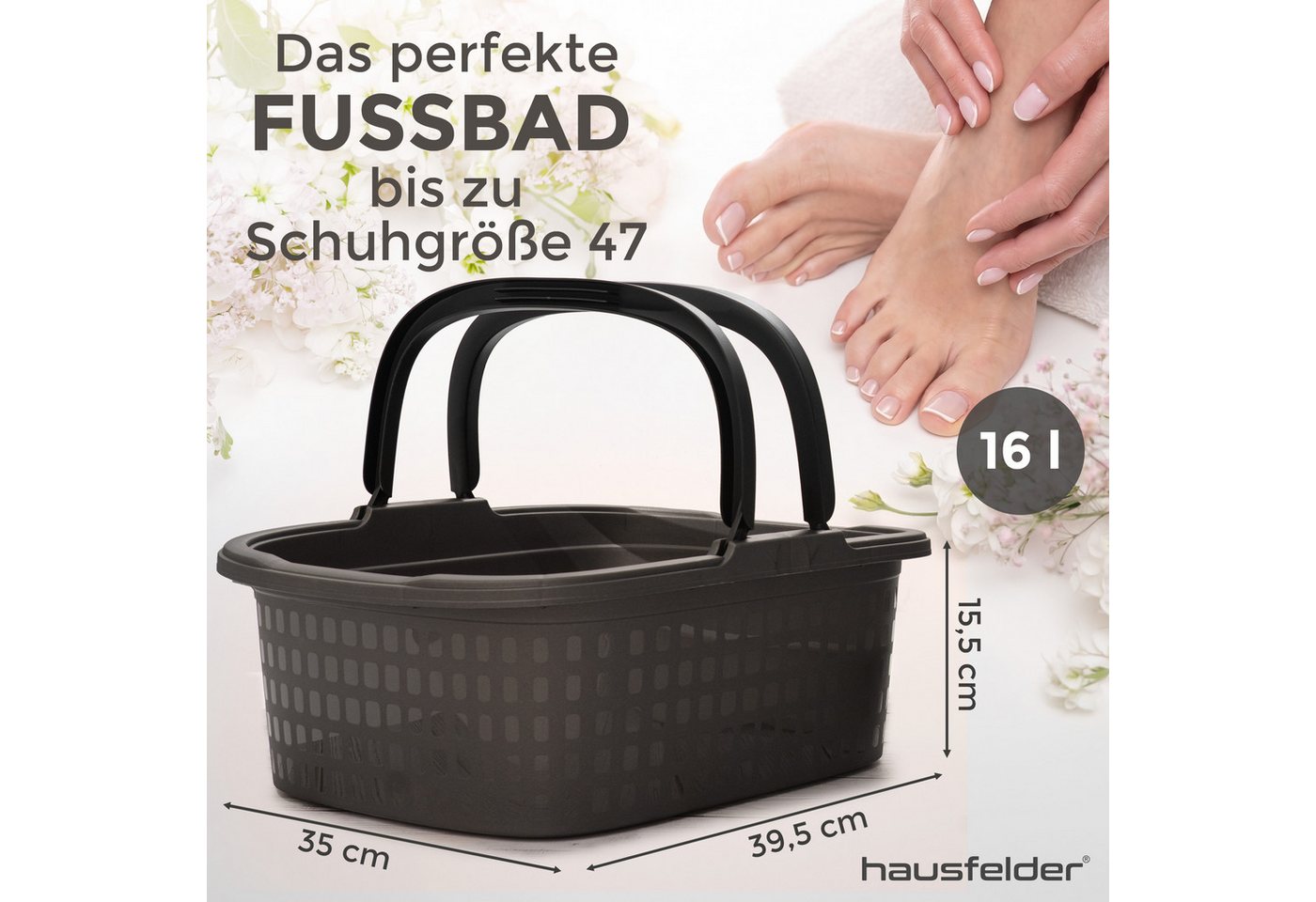 Hausfelder Fußbad Fußwanne mit Henkeln, 16l. rechteckig, Anthrazit, 1-tlg., mit praktischen Henkeln, robust, leicht Bild 3