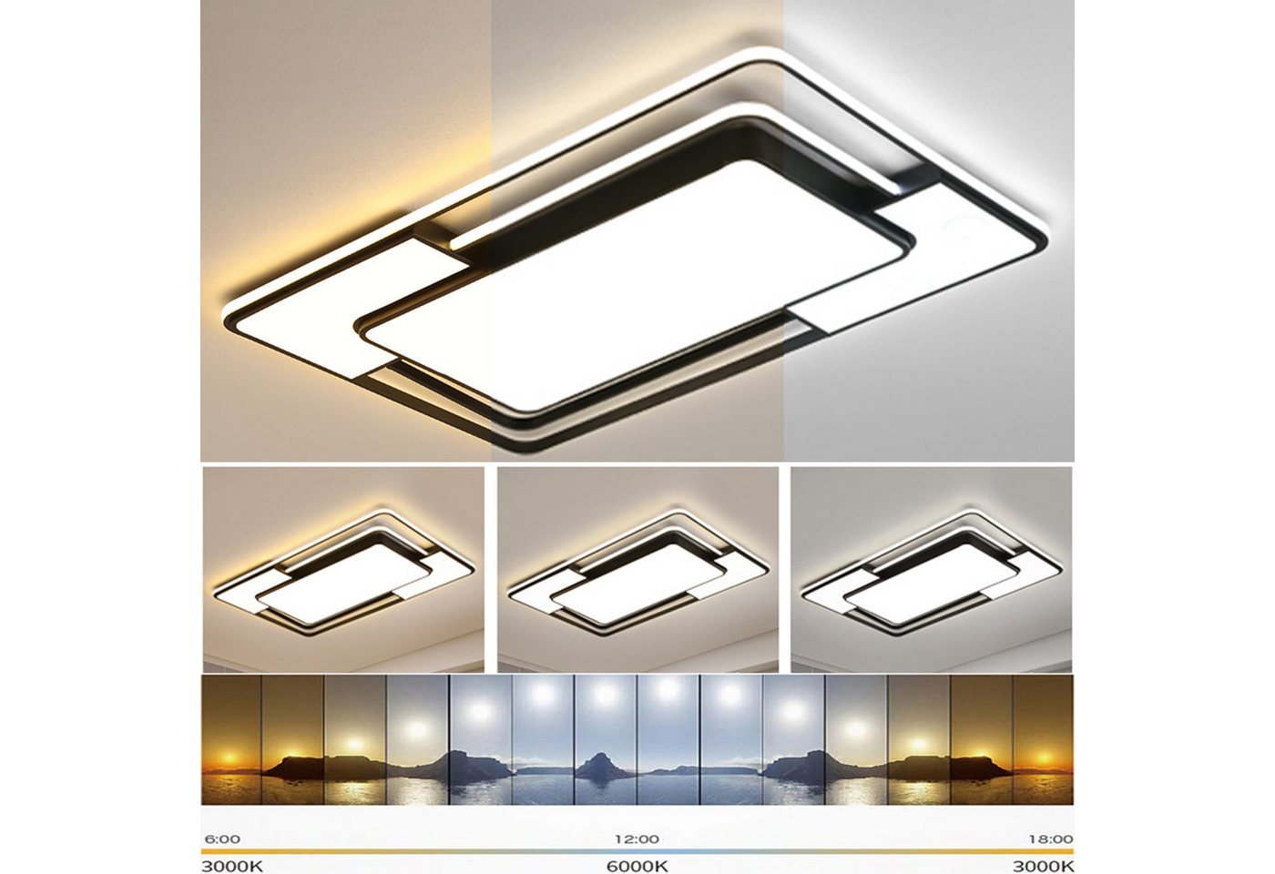 style home LED Deckenleuchte Modern Deckenlampe für Wohnzimmer Schlafzimmer, 150W-Dimmabr 3000-6000K, LED fest integriert, warmweiß bis kaltweiß dimmbar mit Fernbedienung, Rechteckige Lampe aus Metall, 90x60x6cm, Schwarz Bild 2