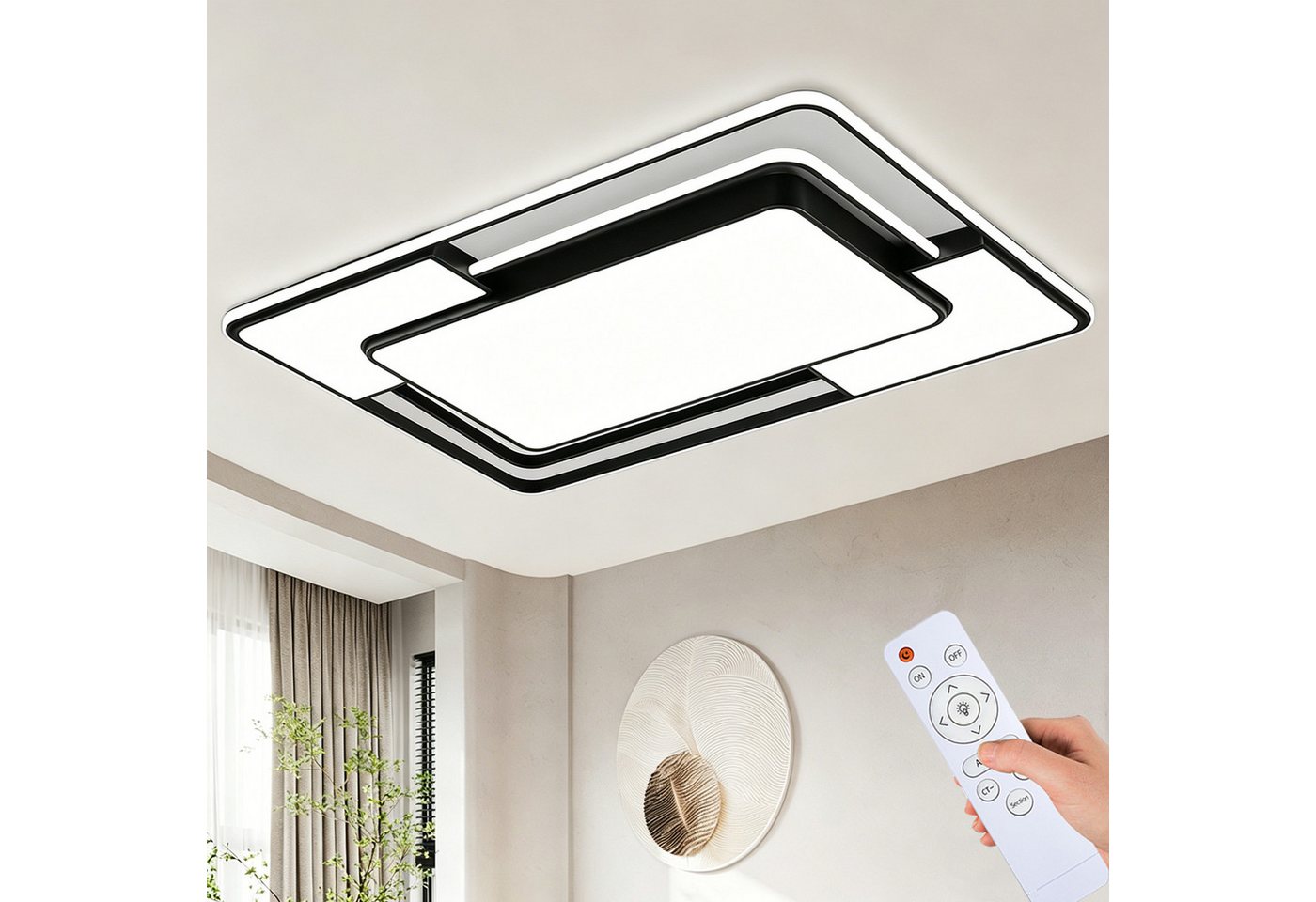 style home LED Deckenleuchte Modern Deckenlampe für Wohnzimmer Schlafzimmer, 150W-Dimmabr 3000-6000K, LED fest integriert, warmweiß bis kaltweiß dimmbar mit Fernbedienung, Rechteckige Lampe aus Metall, 90x60x6cm, Schwarz Bild 3