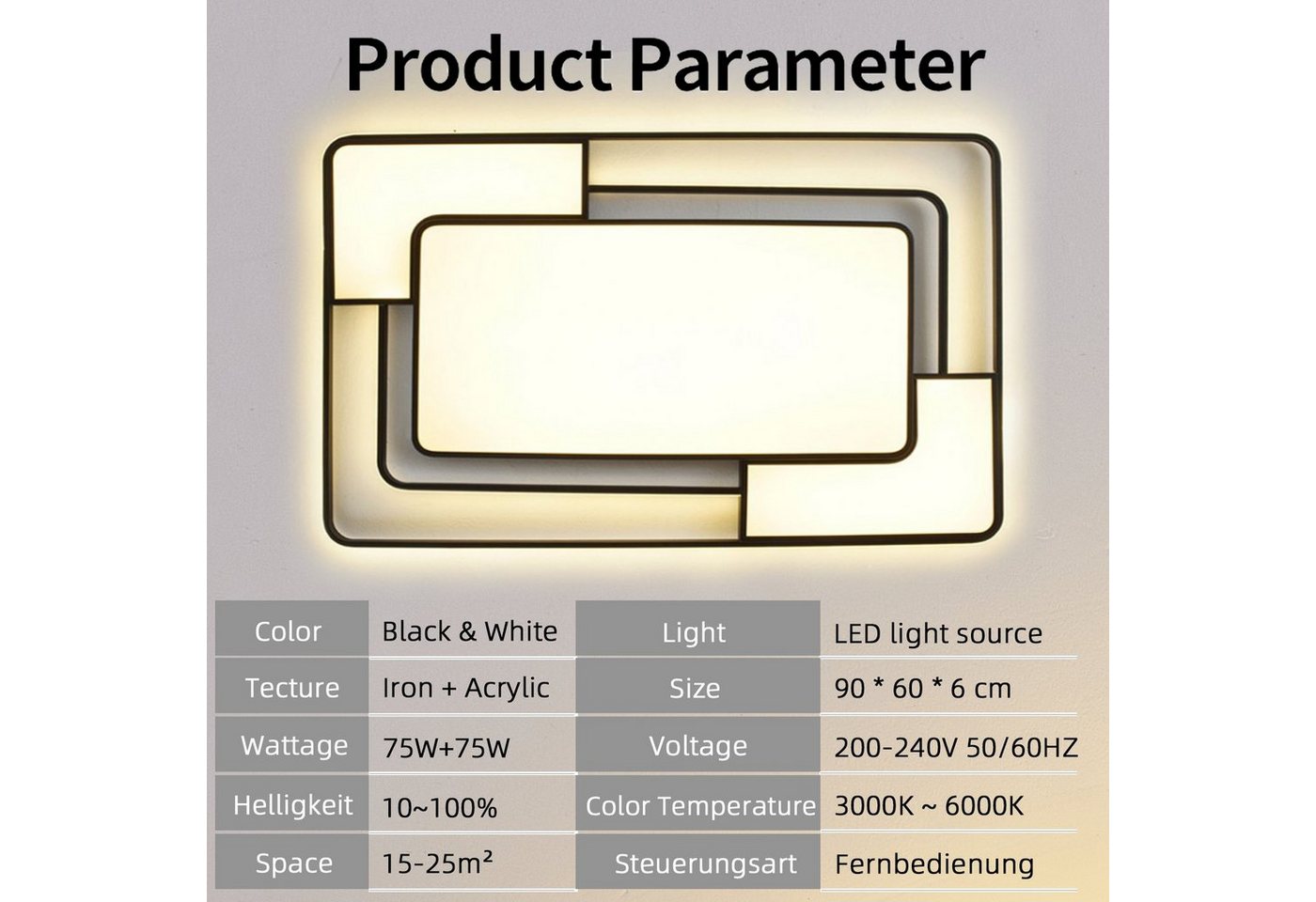 style home LED Deckenleuchte Modern Deckenlampe für Wohnzimmer Schlafzimmer, 150W-Dimmabr 3000-6000K, LED fest integriert, warmweiß bis kaltweiß dimmbar mit Fernbedienung, Rechteckige Lampe aus Metall, 90x60x6cm, Schwarz Bild 4