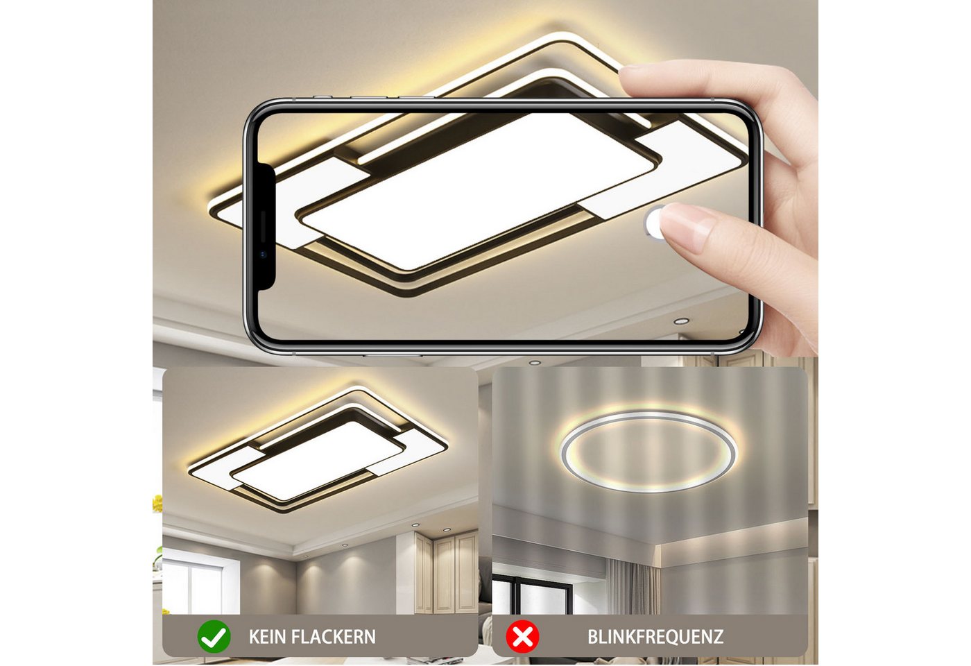 style home LED Deckenleuchte Modern Deckenlampe für Wohnzimmer Schlafzimmer, 150W-Dimmabr 3000-6000K, LED fest integriert, warmweiß bis kaltweiß dimmbar mit Fernbedienung, Rechteckige Lampe aus Metall, 90x60x6cm, Schwarz Bild 5