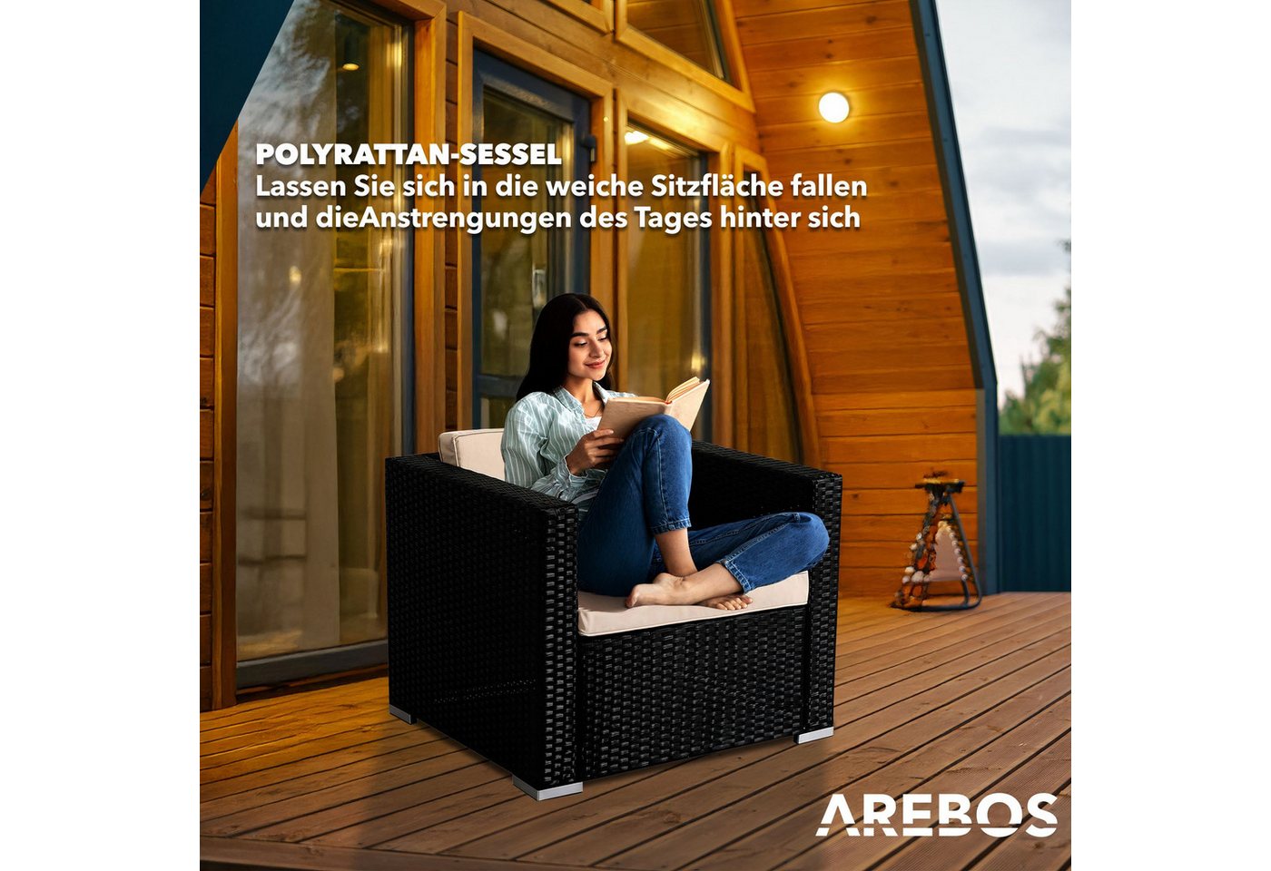 Arebos Gartensessel Poly-Rattan Gartenlounge, Inkl. Sitz- und Rückenkissen, Schwarz (1-St), UV-beständigen Polyrattan-Geflecht Bild 2