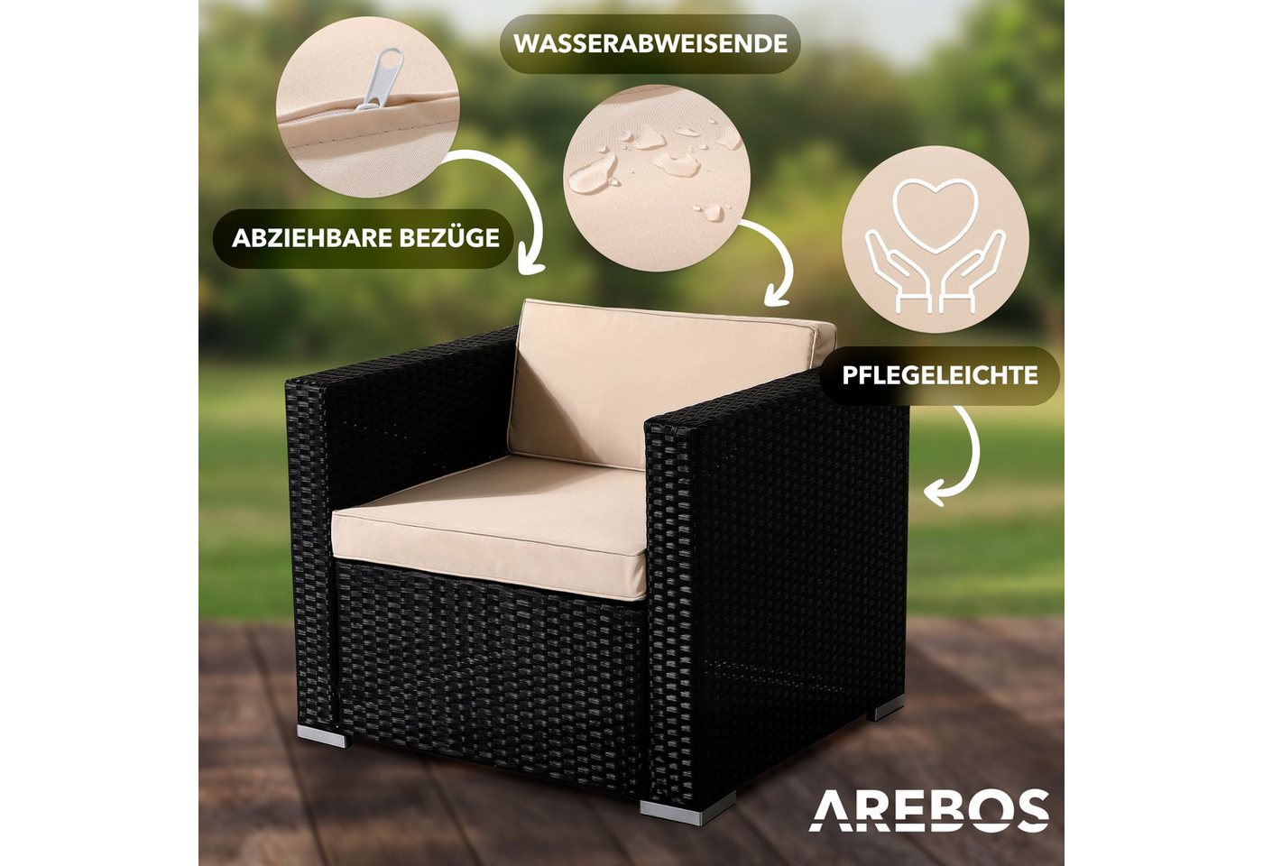 Arebos Gartensessel Poly-Rattan Gartenlounge, Inkl. Sitz- und Rückenkissen, Schwarz (1-St), UV-beständigen Polyrattan-Geflecht Bild 3