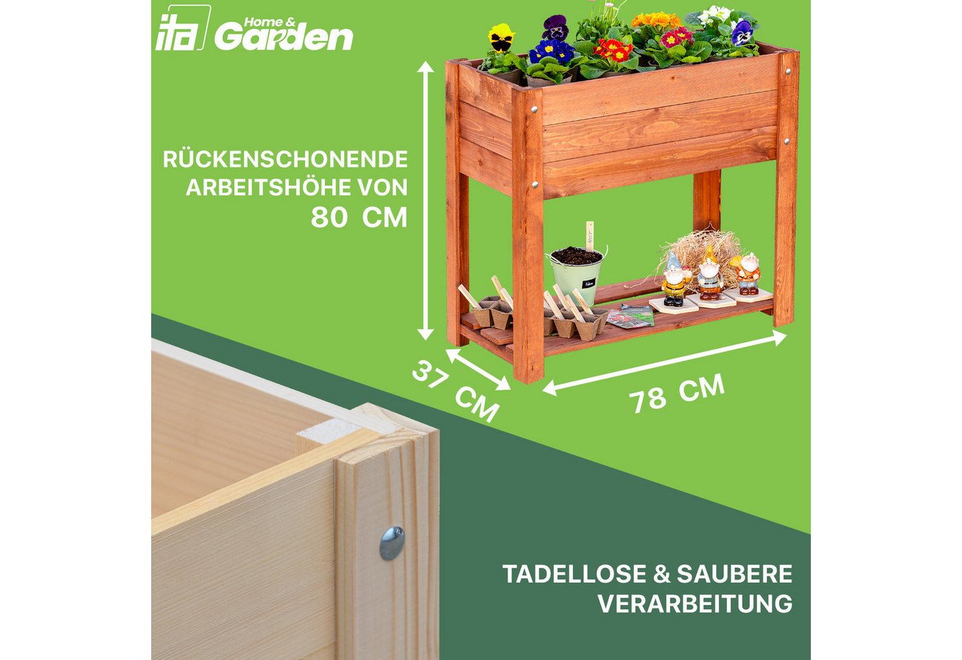 ITA Hochbeet Hochbeet 80x37x78 cm mit 1 Ebene und Ablage Gartenbeet Kräuterbeet (1 St), Wetterfest, mit Innenfolie, für Garten, Terrasse, Balkon Bild 4