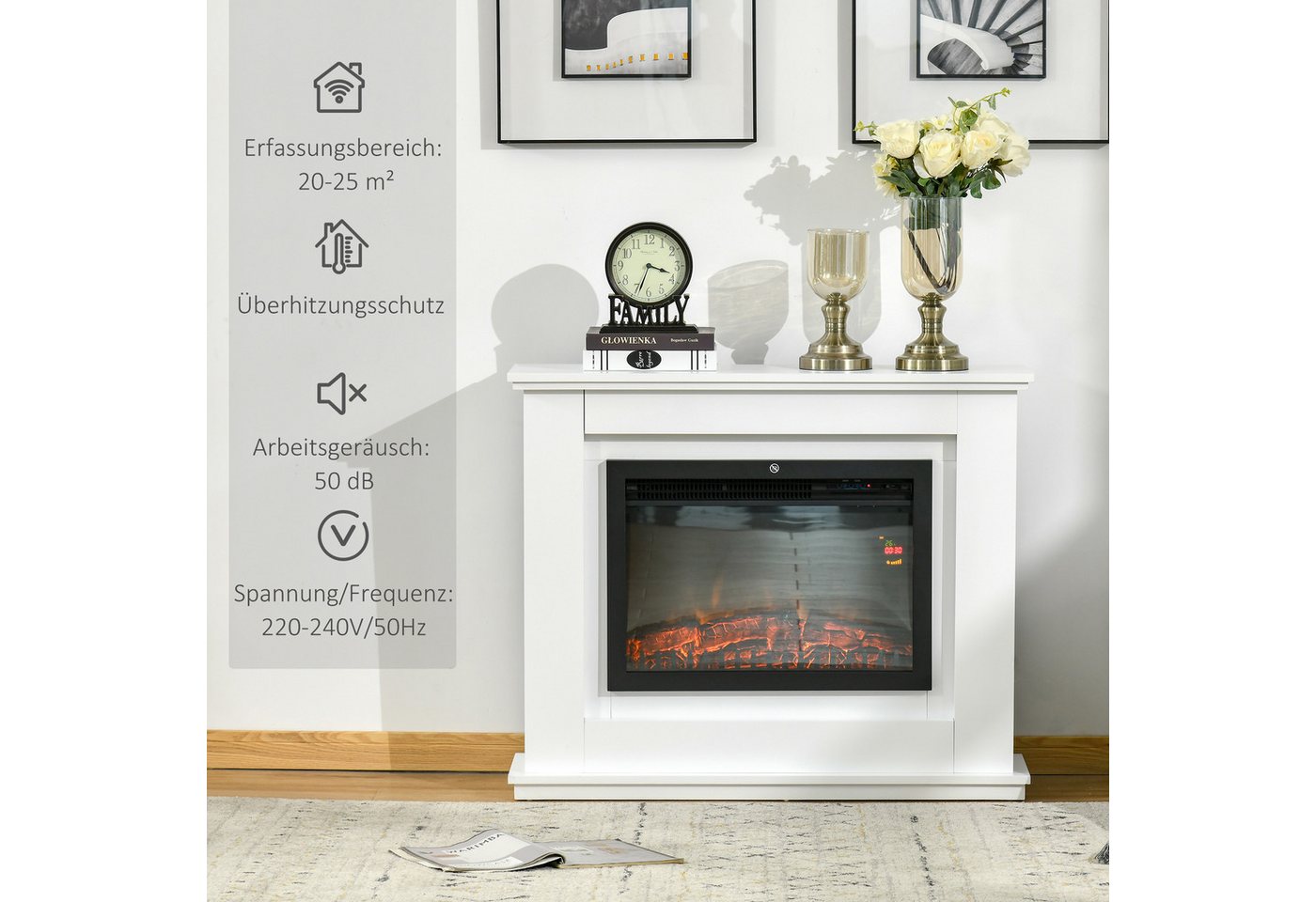 HOMCOM Elektrokamin Elektrischer Standkamin mit Heizung, 2000W Kamin, Fernbedienung, für Wohnzimmer, Schlafzimmer, Weiß