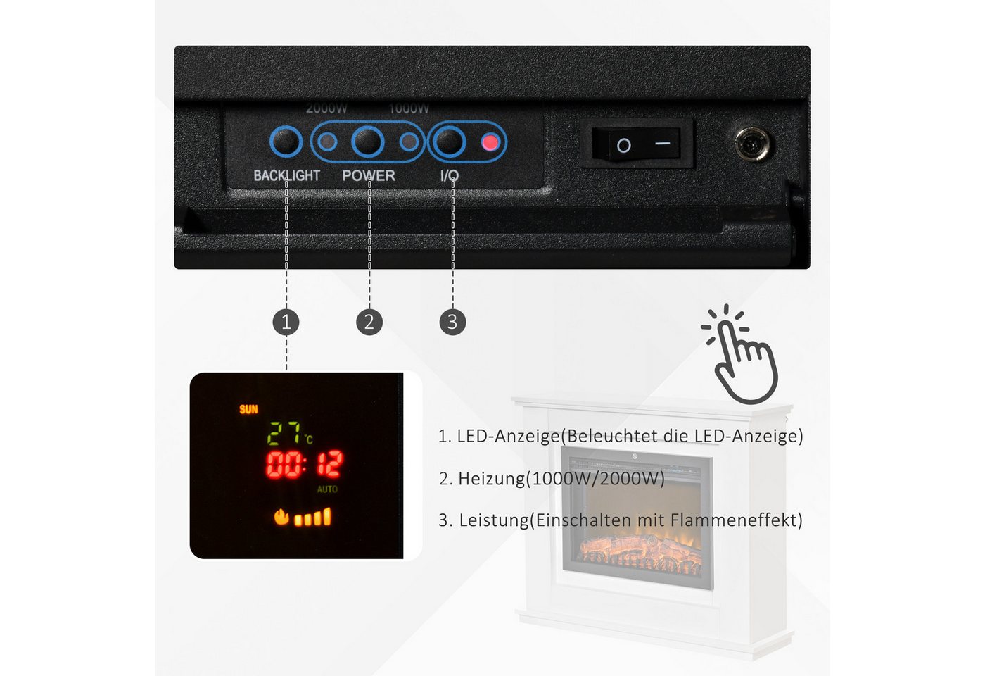 HOMCOM Elektrokamin Elektrischer Standkamin mit Heizung, 2000W Kamin, Fernbedienung, für Wohnzimmer, Schlafzimmer, Weiß Bild 2