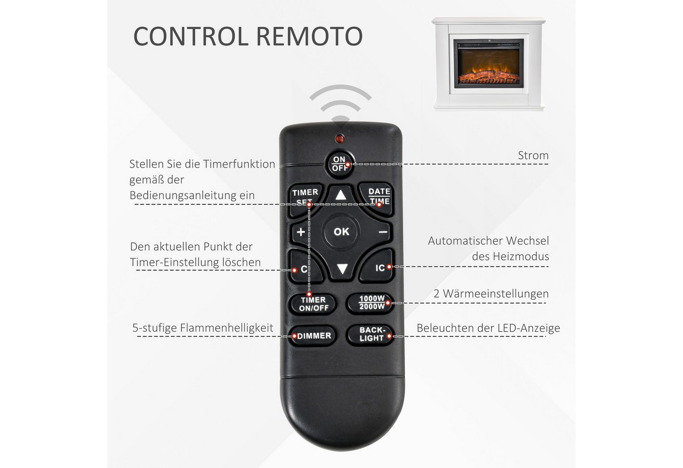 HOMCOM Elektrokamin Elektrischer Standkamin mit Heizung, 2000W Kamin, Fernbedienung, für Wohnzimmer, Schlafzimmer, Weiß Bild 3