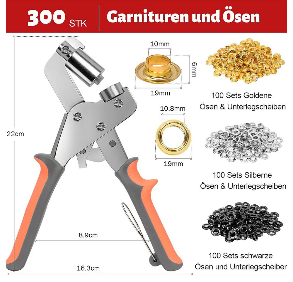 AFKSMILE Ösenzange Ösenzange mit 300 Ösen (10mm, 3 Farben), Lochzange Werkzeug für Stoff, 1-tlg., Magnetische Ösenpresse mit Metallöse(Gold, Schwarz, Silber)für Leder Bild 3