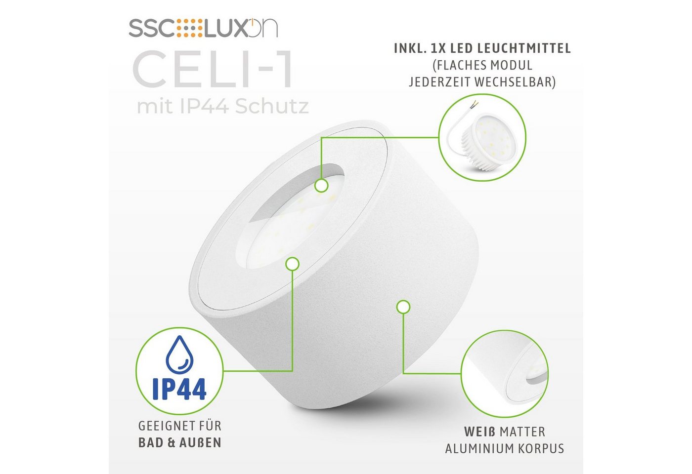 SSC-LUXon LED Aufbaustrahler CELI-1 Aufbauspot fuer Bad & Aussen IP44 in weiss mit LED Modul 4W, Neutralweiß Bild 4