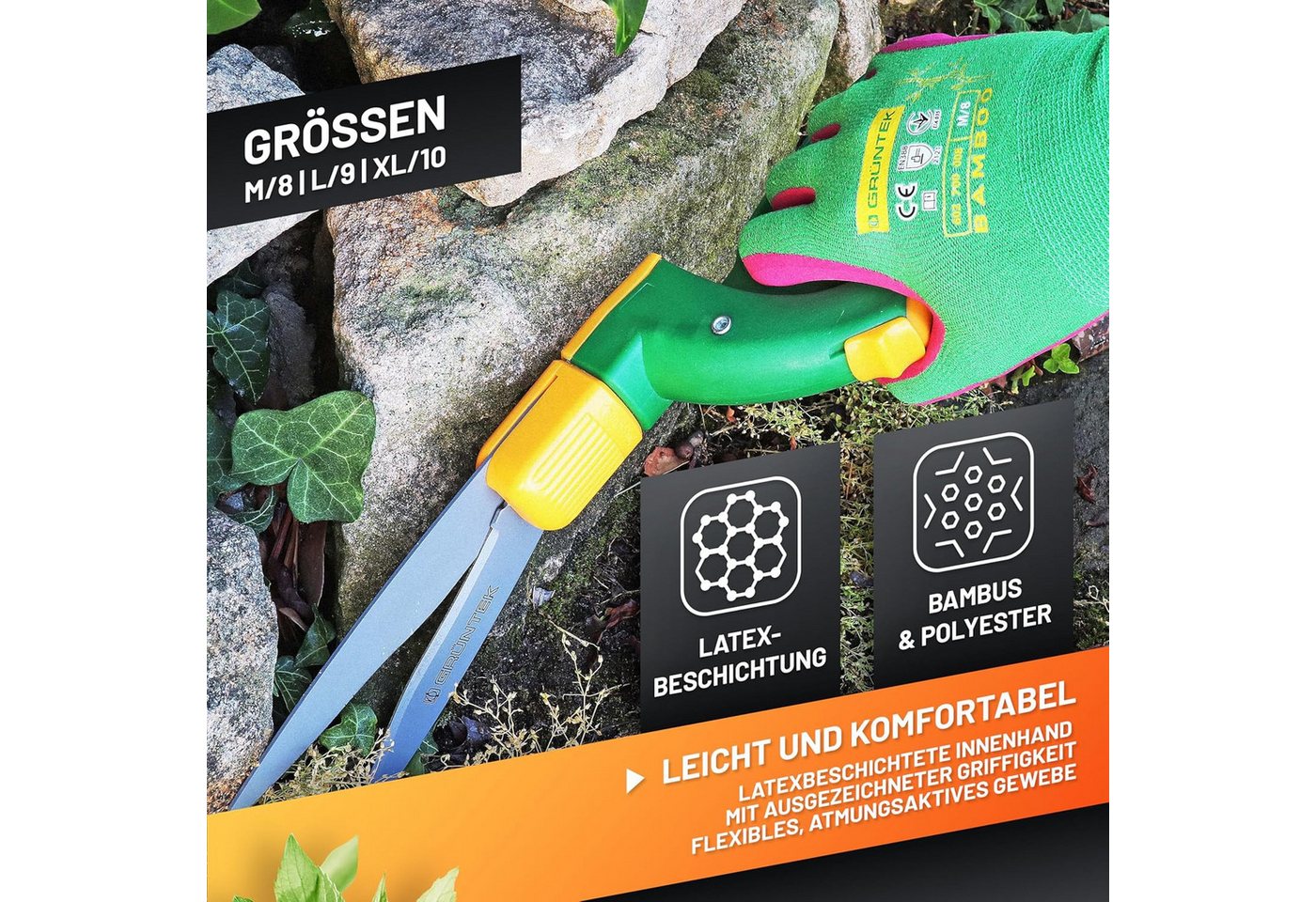 GRÜNTEK Gartenhandschuhe Natur aus Bambusfasern, Öko Garten- und Arbeitshandschuhe (Set, 4-St., 2 Paar XL / 10) Schutzhandschuhe für Gartenbau, Angeln, Bauen, Restauration Bild 2