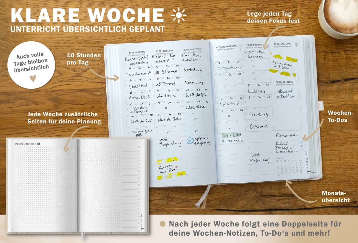 Eine der Guten Verlag Lehrerkalender Lehrerplaner 2026 2027 - 17x24, weiß, 1 Doppelseite / Woche, Schuljahr 26/27, 304 S. Hardcover, klimaneutral