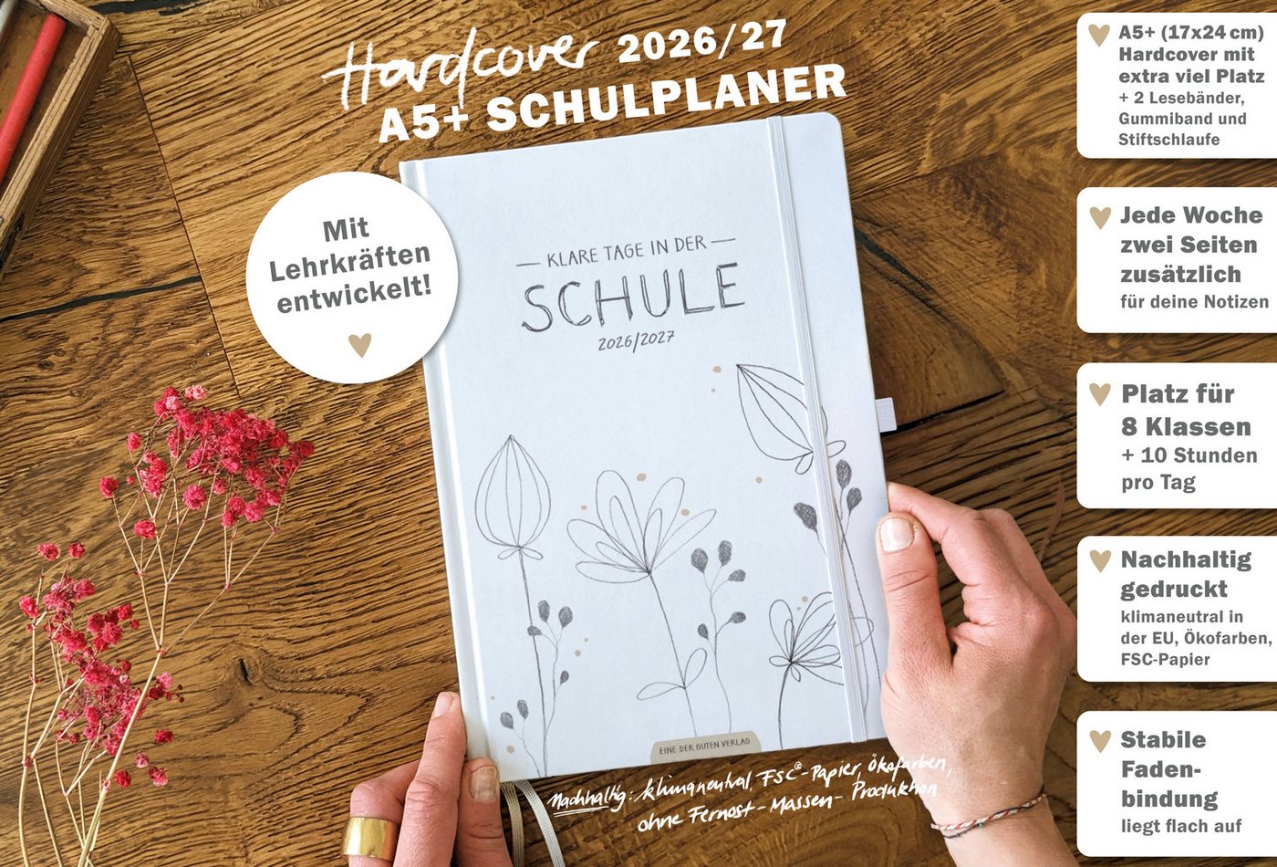 Eine der Guten Verlag Lehrerkalender Lehrerplaner 2026 2027 - 17x24, weiß, 1 Doppelseite / Woche, Schuljahr 26/27, 304 S. Hardcover, klimaneutral Bild 3