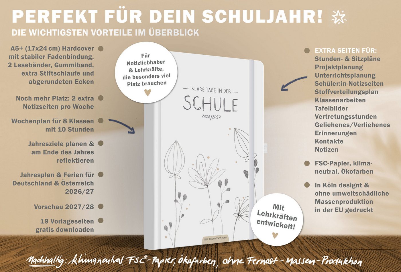 Eine der Guten Verlag Lehrerkalender Lehrerplaner 2026 2027 - 17x24, weiß, 1 Doppelseite / Woche, Schuljahr 26/27, 304 S. Hardcover, klimaneutral Bild 5