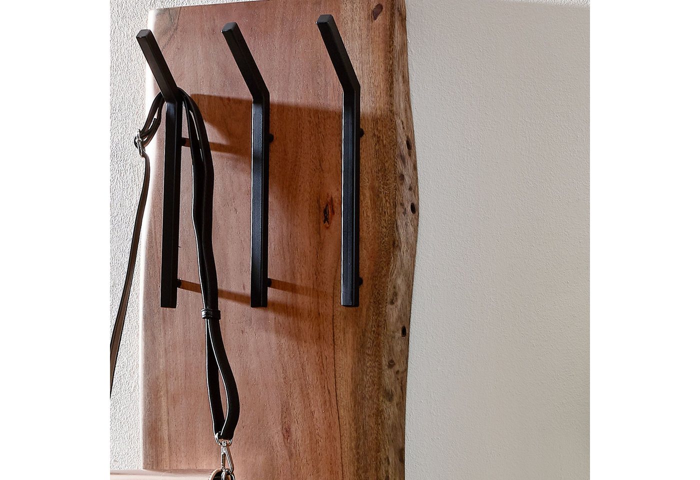 FINEBUY Garderobenpaneel FB66538 Wandgarderobe Holz Metall 100 cm Flur Hakenleiste Massivholz (Akazie Massivholz / Metall 35,5 x 100 x 11 cm), Hakenleiste 2-Reihig, Garderobe Flurgarderobe Wand