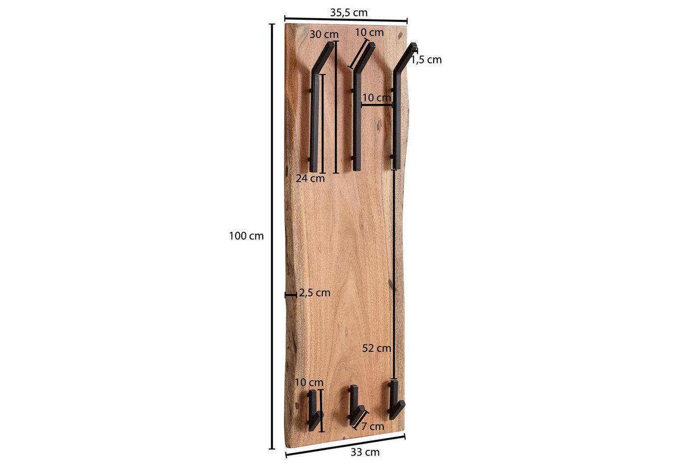 FINEBUY Garderobenpaneel FB66538 Wandgarderobe Holz Metall 100 cm Flur Hakenleiste Massivholz (Akazie Massivholz / Metall 35,5 x 100 x 11 cm), Hakenleiste 2-Reihig, Garderobe Flurgarderobe Wand Bild 2