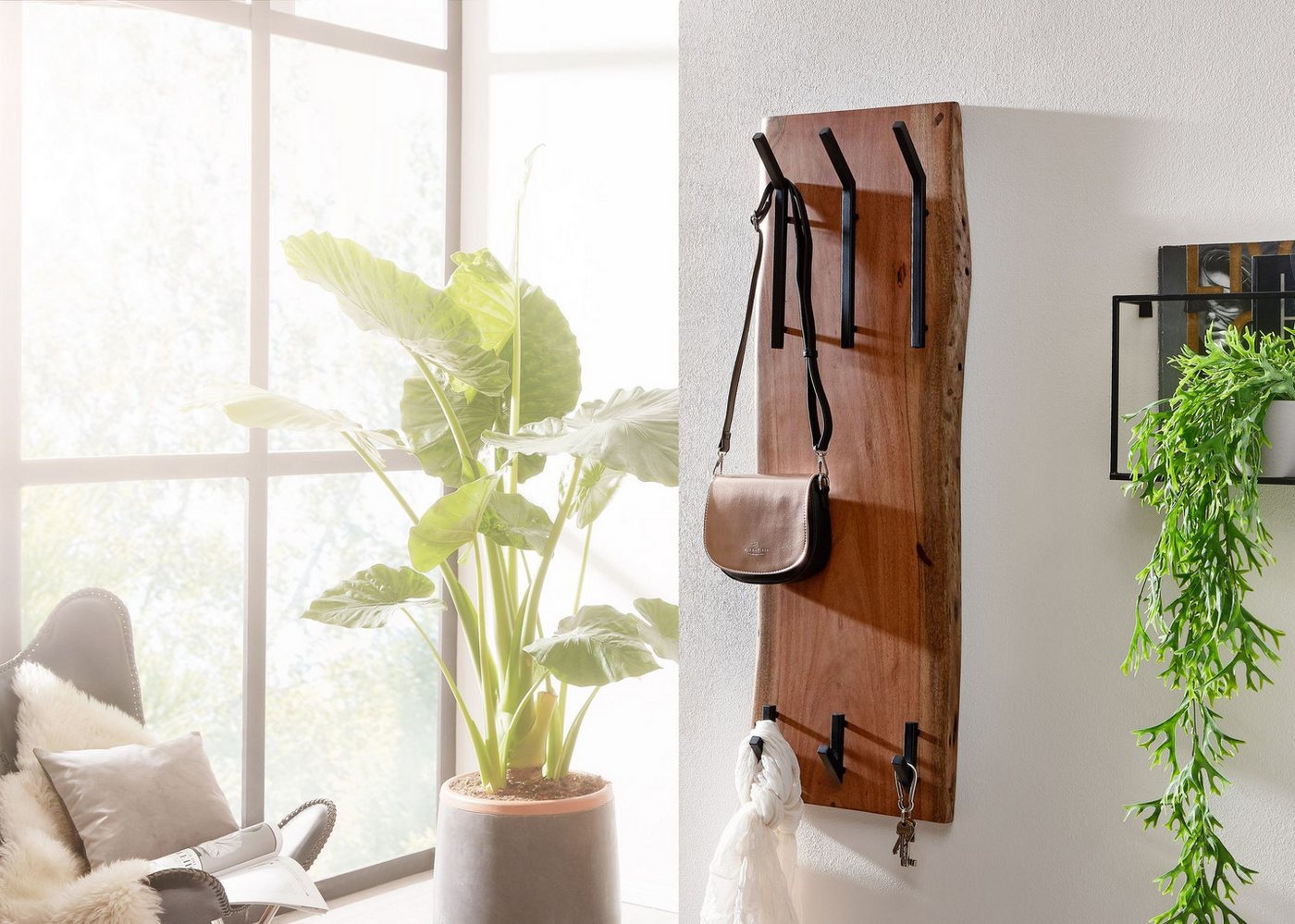 FINEBUY Garderobenpaneel FB66538 Wandgarderobe Holz Metall 100 cm Flur Hakenleiste Massivholz (Akazie Massivholz / Metall 35,5 x 100 x 11 cm), Hakenleiste 2-Reihig, Garderobe Flurgarderobe Wand Bild 3