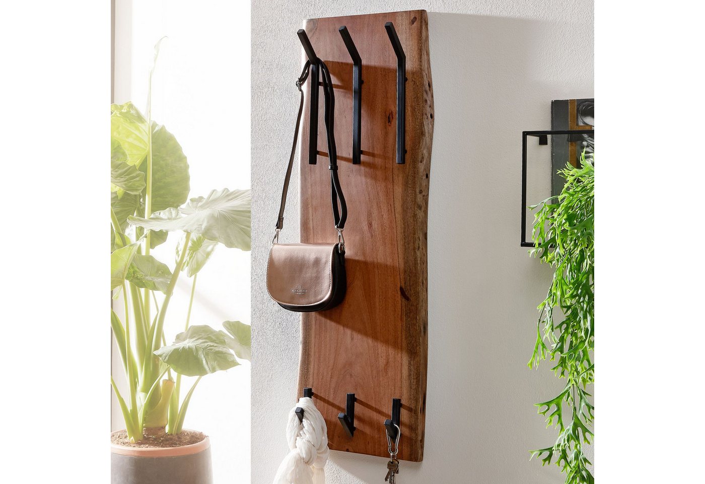 FINEBUY Garderobenpaneel FB66538 Wandgarderobe Holz Metall 100 cm Flur Hakenleiste Massivholz (Akazie Massivholz / Metall 35,5 x 100 x 11 cm), Hakenleiste 2-Reihig, Garderobe Flurgarderobe Wand Bild 4
