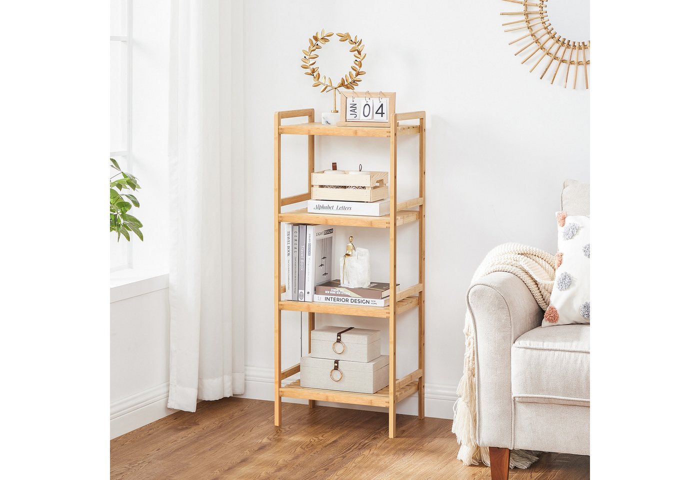 SONGMICS Badregal Bambusregal, freistehendes Küchen-, Bad- und Bücherregal, 4 Ablagen, 31,5 x 45 x 111 cm, für Bad, Küche, Wohnzimmer Bild 2