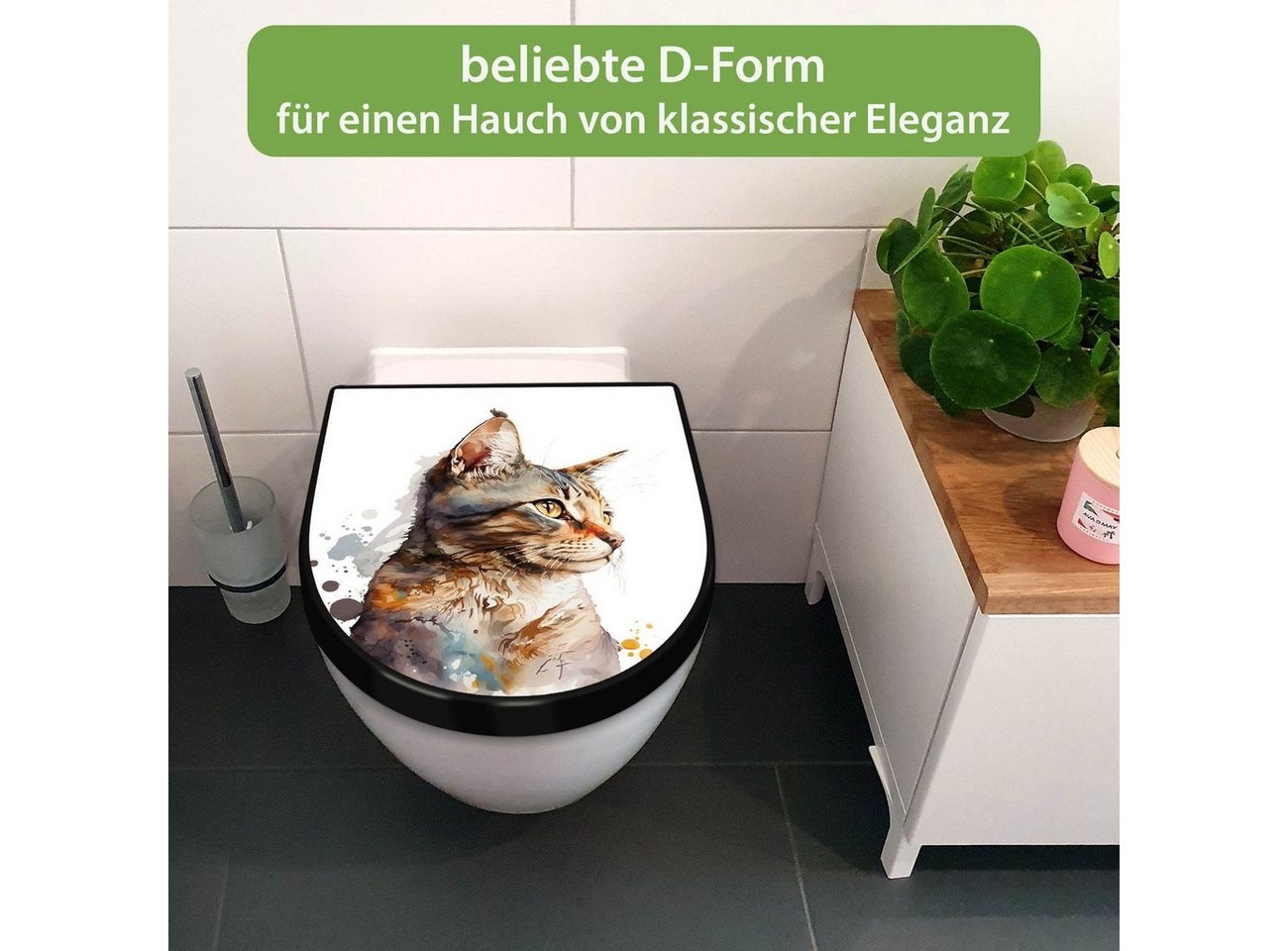 banjado WC-Sitz Premium D-Form mit Absenkautomatik Motiv Katzenportrait in Aquarell 2 (umweltfreundliches Material, Softclose Absenkautomatik), 45 x 36,4 x 4