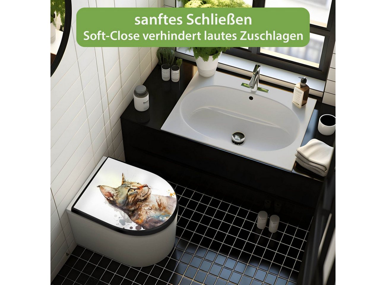 banjado WC-Sitz Premium D-Form mit Absenkautomatik Motiv Katzenportrait in Aquarell 2 (umweltfreundliches Material, Softclose Absenkautomatik), 45 x 36,4 x 4 Bild 4