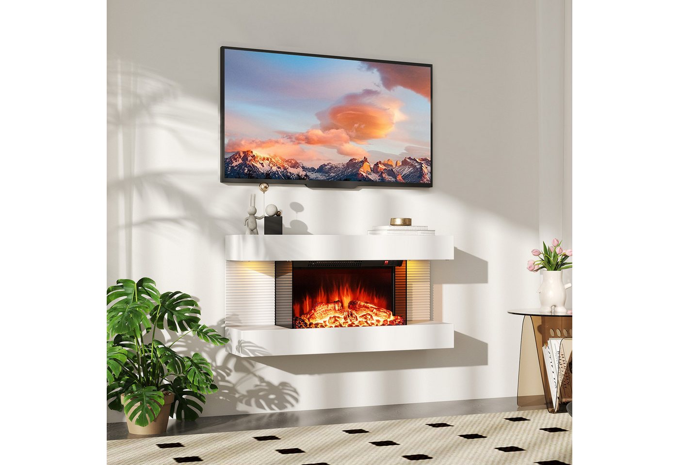 COSTWAY Elektrokamin, mit Heizung & LED-Seitenlichtern, Wandkamin 1500W