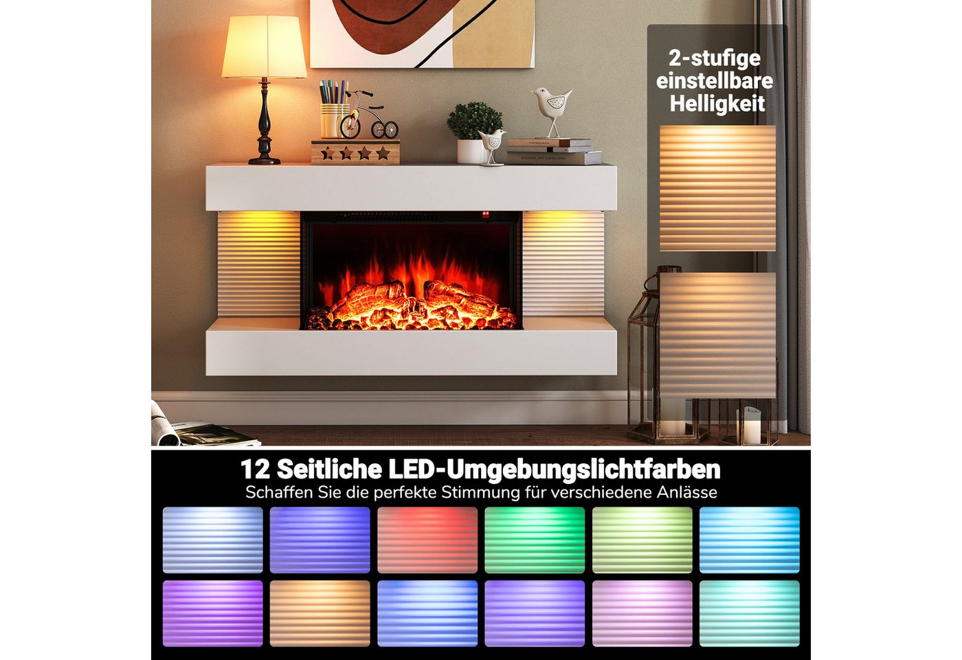 COSTWAY Elektrokamin, mit Heizung & LED-Seitenlichtern, Wandkamin 1500W Bild 2