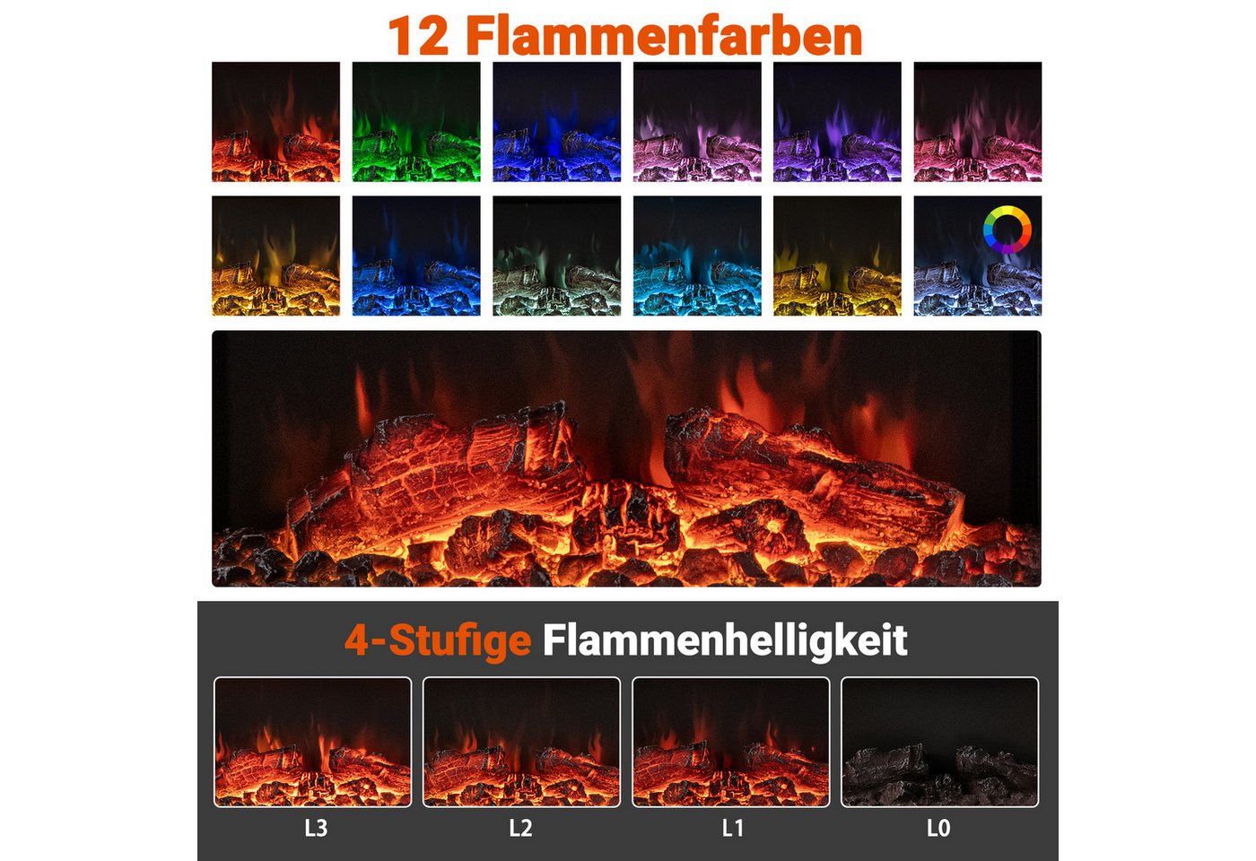 COSTWAY Elektrokamin, mit Heizung & LED-Seitenlichtern, Wandkamin 1500W Bild 4