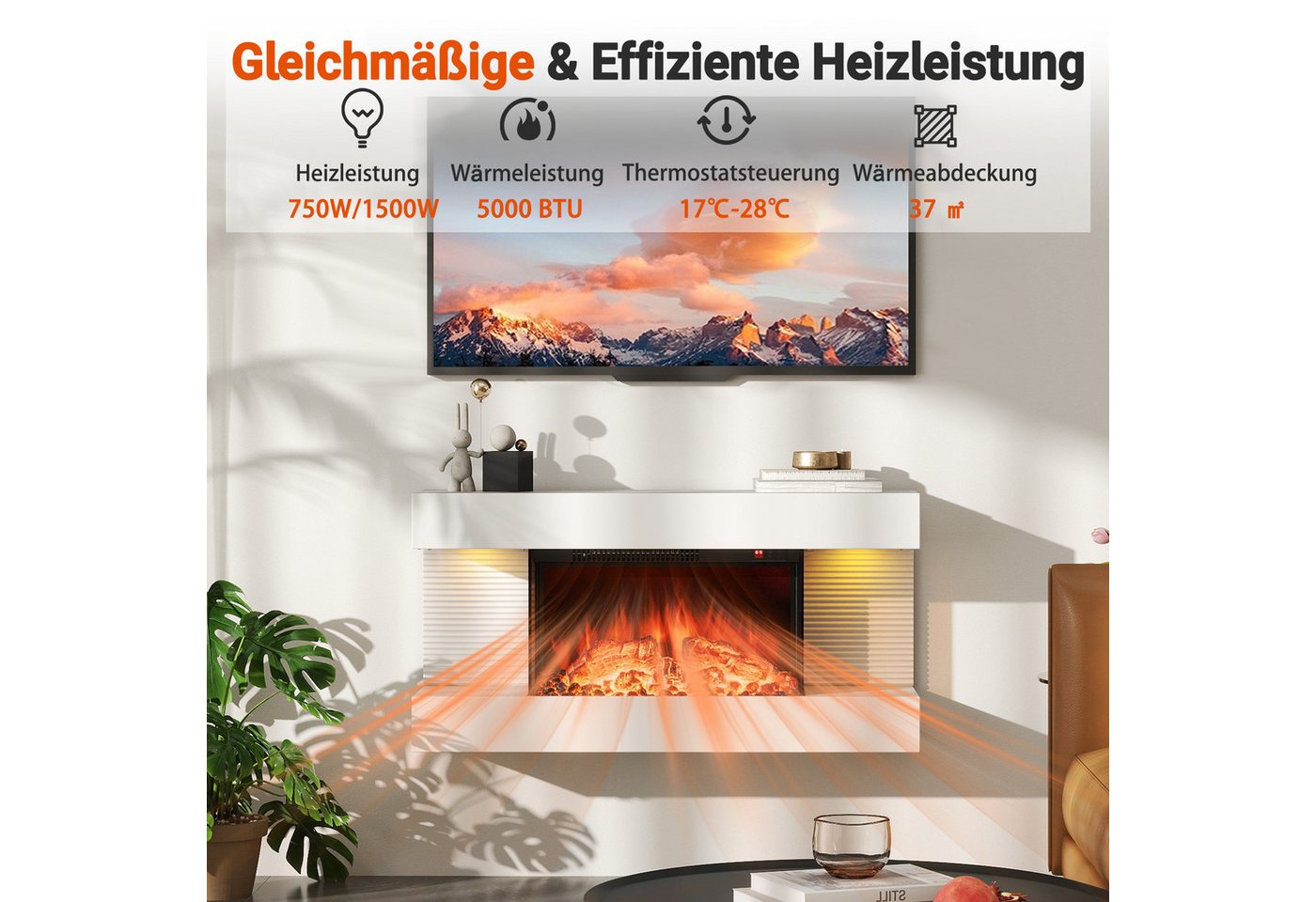 COSTWAY Elektrokamin, mit Heizung & LED-Seitenlichtern, Wandkamin 1500W Bild 5