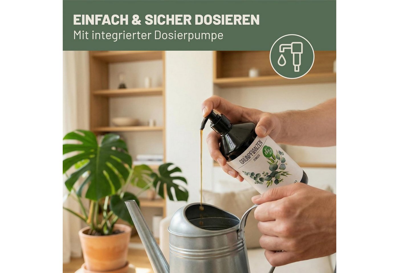 GREEN HOME LOVE NATURE Universaldünger Flüssigdünger NPK 7+3+5 für Grün-, Zimmer- & Kübelpflanzen, Grünpflanzen Universell, NPK 7+3+5, Spurennährstoffe, chelatiert, Dosierpumpe