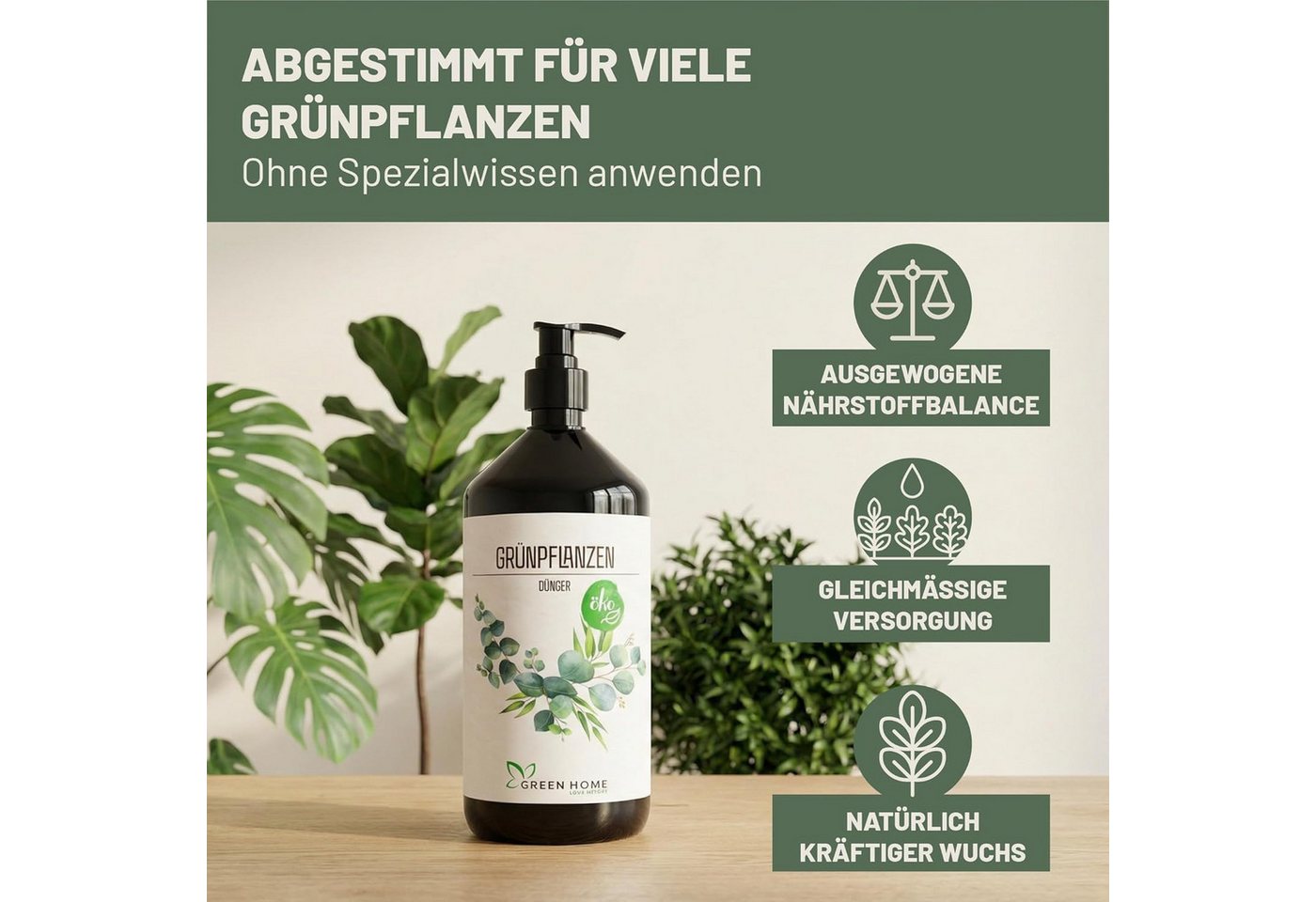 GREEN HOME LOVE NATURE Universaldünger Flüssigdünger NPK 7+3+5 für Grün-, Zimmer- & Kübelpflanzen, Grünpflanzen Universell, NPK 7+3+5, Spurennährstoffe, chelatiert, Dosierpumpe Bild 2