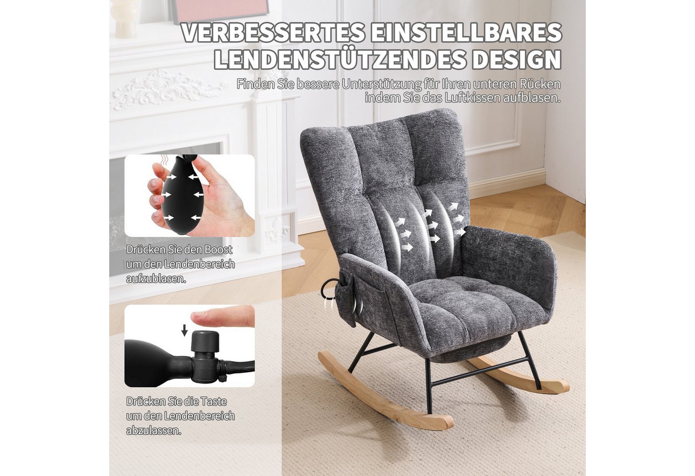 Vankel Schaukelstuhl Relaxsessel Chenille mit Fußstütze, Schaukelfunktion & Stauraum, Bequemer Schaukelstuhl mit Luftkissen-Rückenlehne für Wohnzimmer