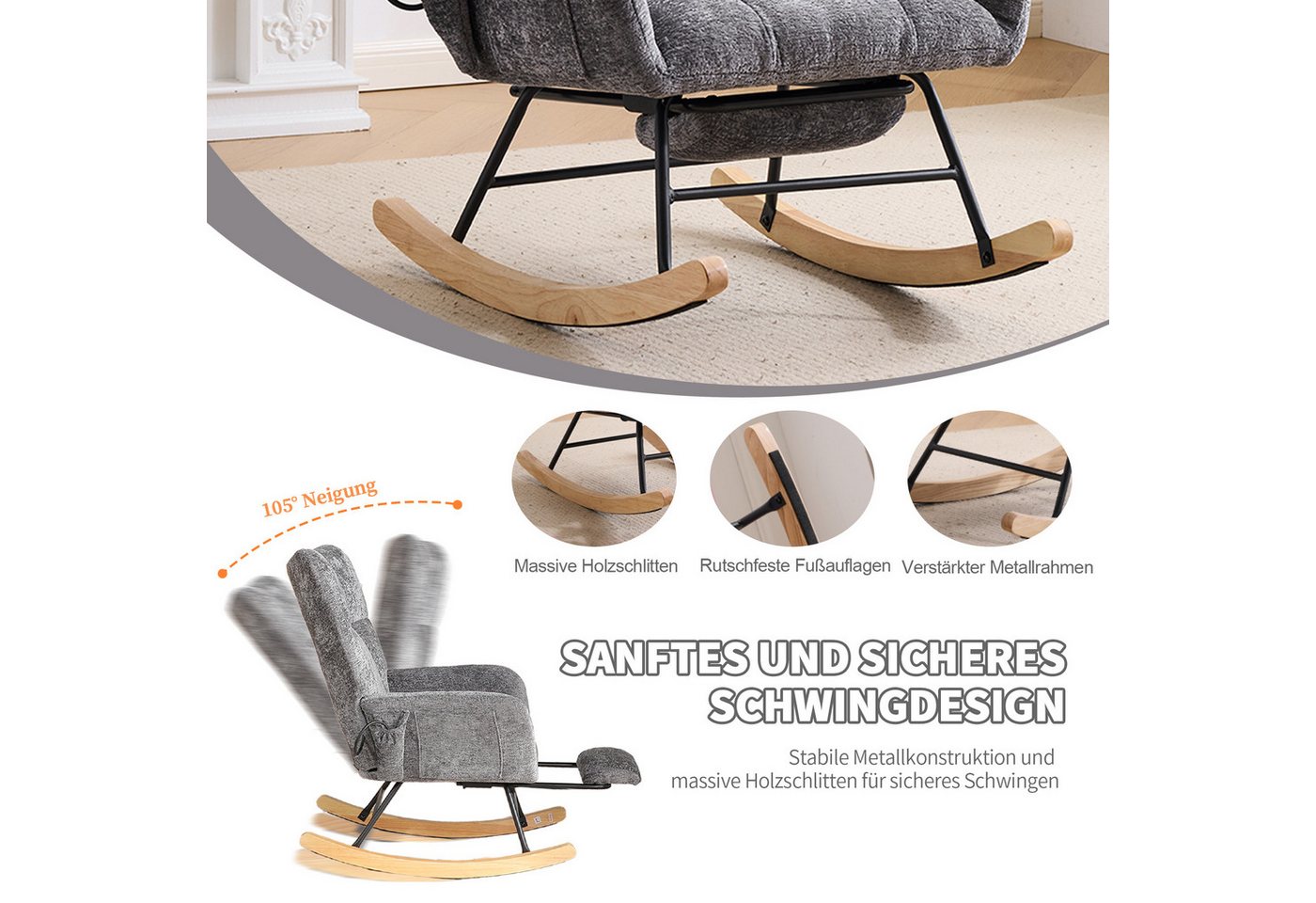 Vankel Schaukelstuhl Relaxsessel Chenille mit Fußstütze, Schaukelfunktion & Stauraum, Bequemer Schaukelstuhl mit Luftkissen-Rückenlehne für Wohnzimmer Bild 2