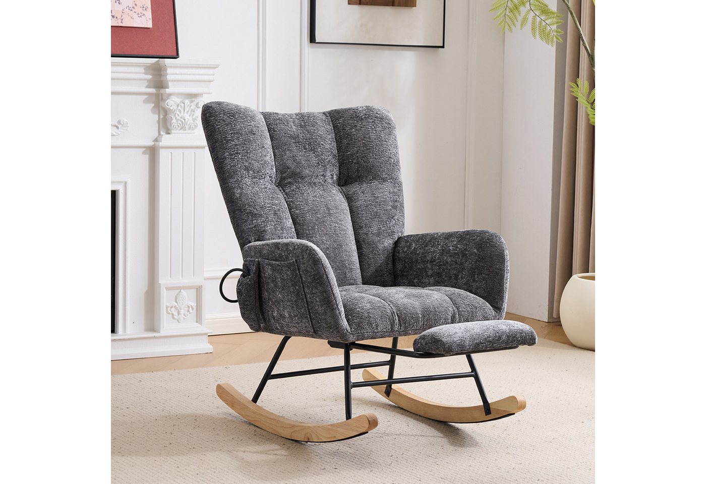 Vankel Schaukelstuhl Relaxsessel Chenille mit Fußstütze, Schaukelfunktion & Stauraum, Bequemer Schaukelstuhl mit Luftkissen-Rückenlehne für Wohnzimmer Bild 4