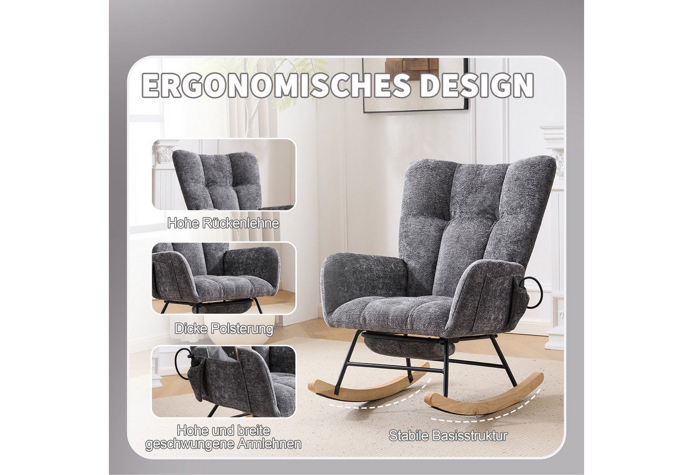 Vankel Schaukelstuhl Relaxsessel Chenille mit Fußstütze, Schaukelfunktion & Stauraum, Bequemer Schaukelstuhl mit Luftkissen-Rückenlehne für Wohnzimmer Bild 5