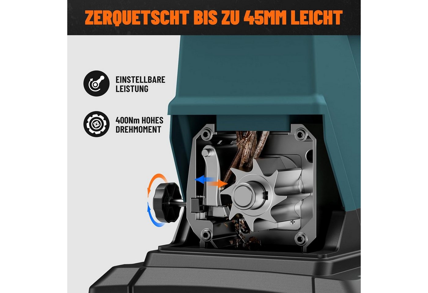 DOVAMAN Häcksler 2800 W Bürstenlosem Motor 45 mm Aststärke Elektrisch 50L, Robuste Auffangbox