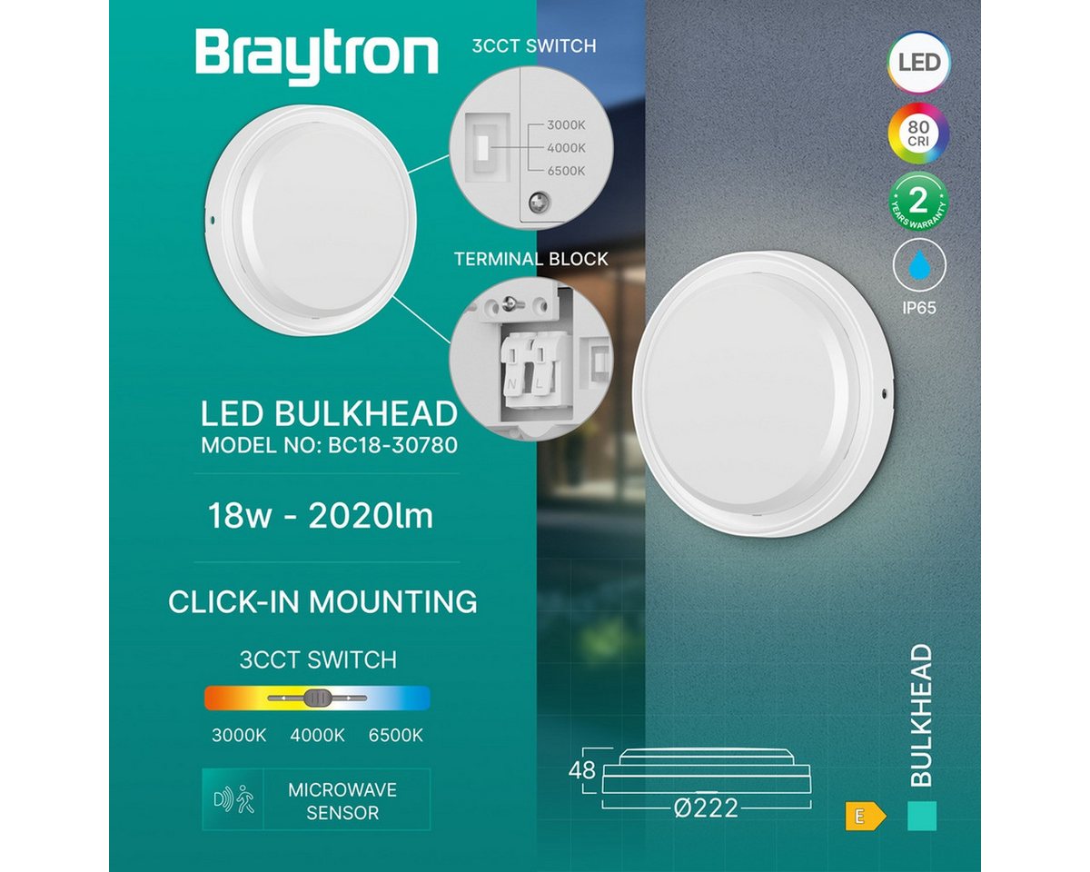 Braytron LED Deckenleuchte Wandleuchte mir Bewegungsmelder Außenbereich 3CCT 2020 Lumen, LED fest integriert, Neutralweiß, Kaltweiß, Warmweiß, Energieeffizient, Flimmerfrei, Langlebig, Spritzwassergeschützt, 3CCT Bild 5
