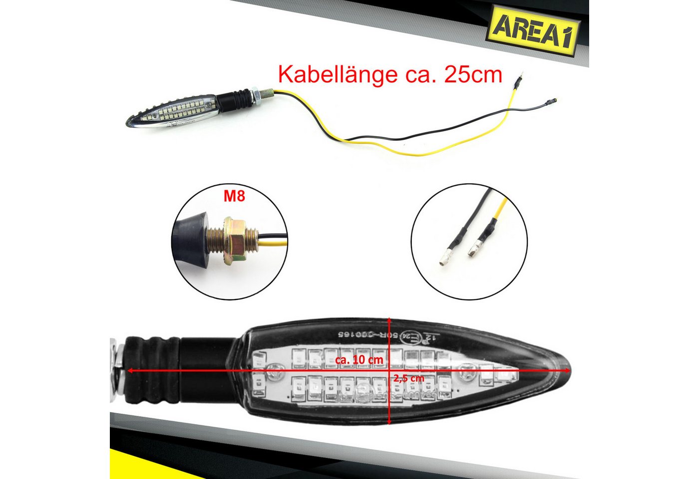 Area1 Blinker Motorrad Motorroller LED Blinker Set (2) mit Lauflicht, E-geprüft, M8 Bild 3