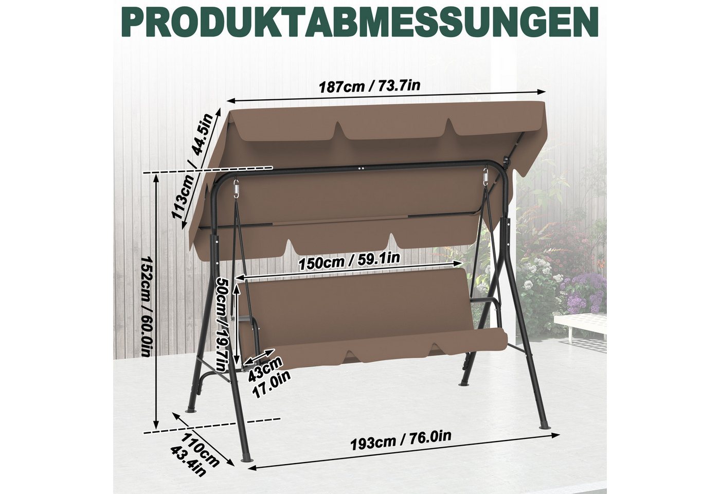 FIVMEN Hollywoodschaukel Gartenschaukel 3-Sitzer mit Verstellbarem Sonnendach weichem Kissen, 193x110x152cm, Metall Hängeschaukel mit Verstellbarem Sonnendach Liegefunktion