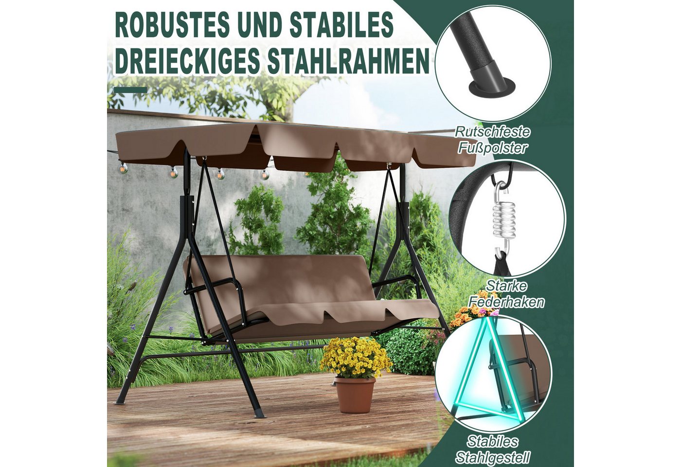 FIVMEN Hollywoodschaukel Gartenschaukel 3-Sitzer mit Verstellbarem Sonnendach weichem Kissen, 193x110x152cm, Metall Hängeschaukel mit Verstellbarem Sonnendach Liegefunktion Bild 2