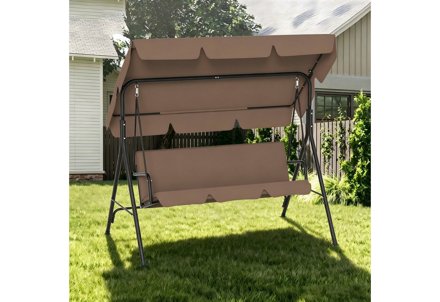 FIVMEN Hollywoodschaukel Gartenschaukel 3-Sitzer mit Verstellbarem Sonnendach weichem Kissen, 193x110x152cm, Metall Hängeschaukel mit Verstellbarem Sonnendach Liegefunktion Bild 3
