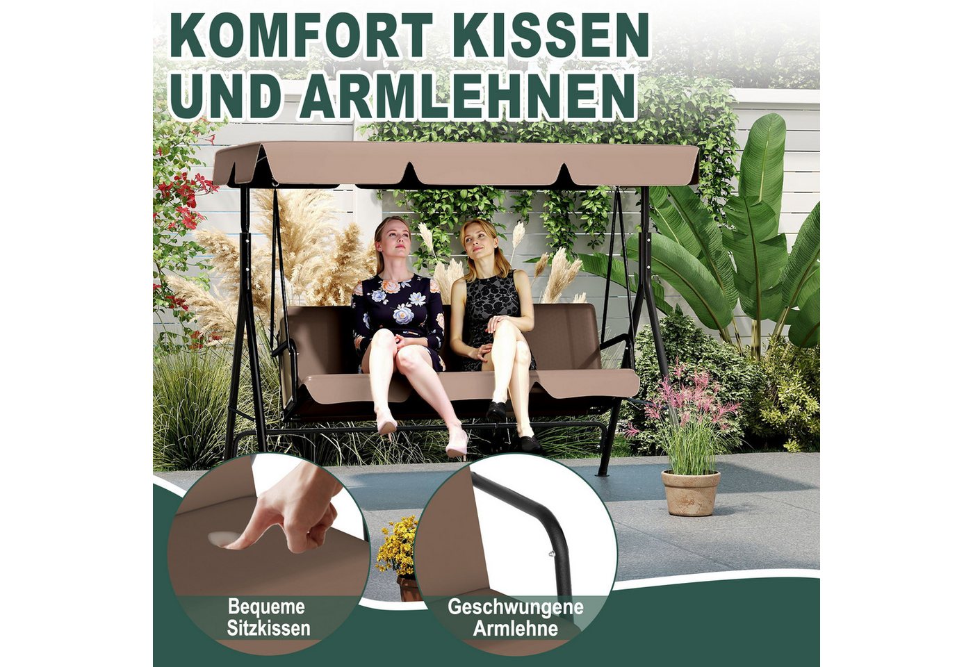 FIVMEN Hollywoodschaukel Gartenschaukel 3-Sitzer mit Verstellbarem Sonnendach weichem Kissen, 176x110x152cm, Metall Hängeschaukel mit Verstellbarem Sonnendach Liegefunktion Bild 2
